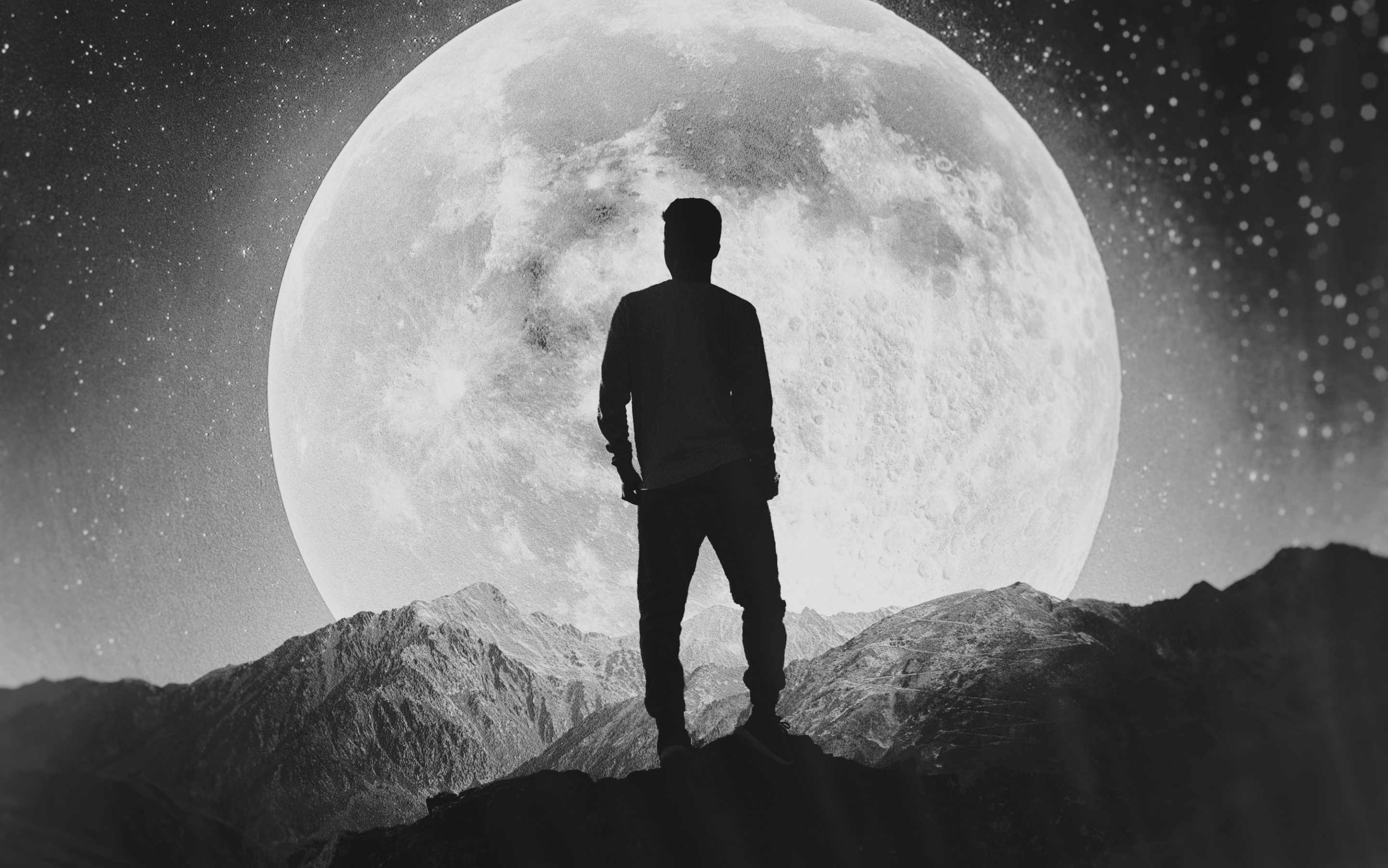 Moon, silhouette, alone, explorer, man, mountains, 2880x1800 wallpaper