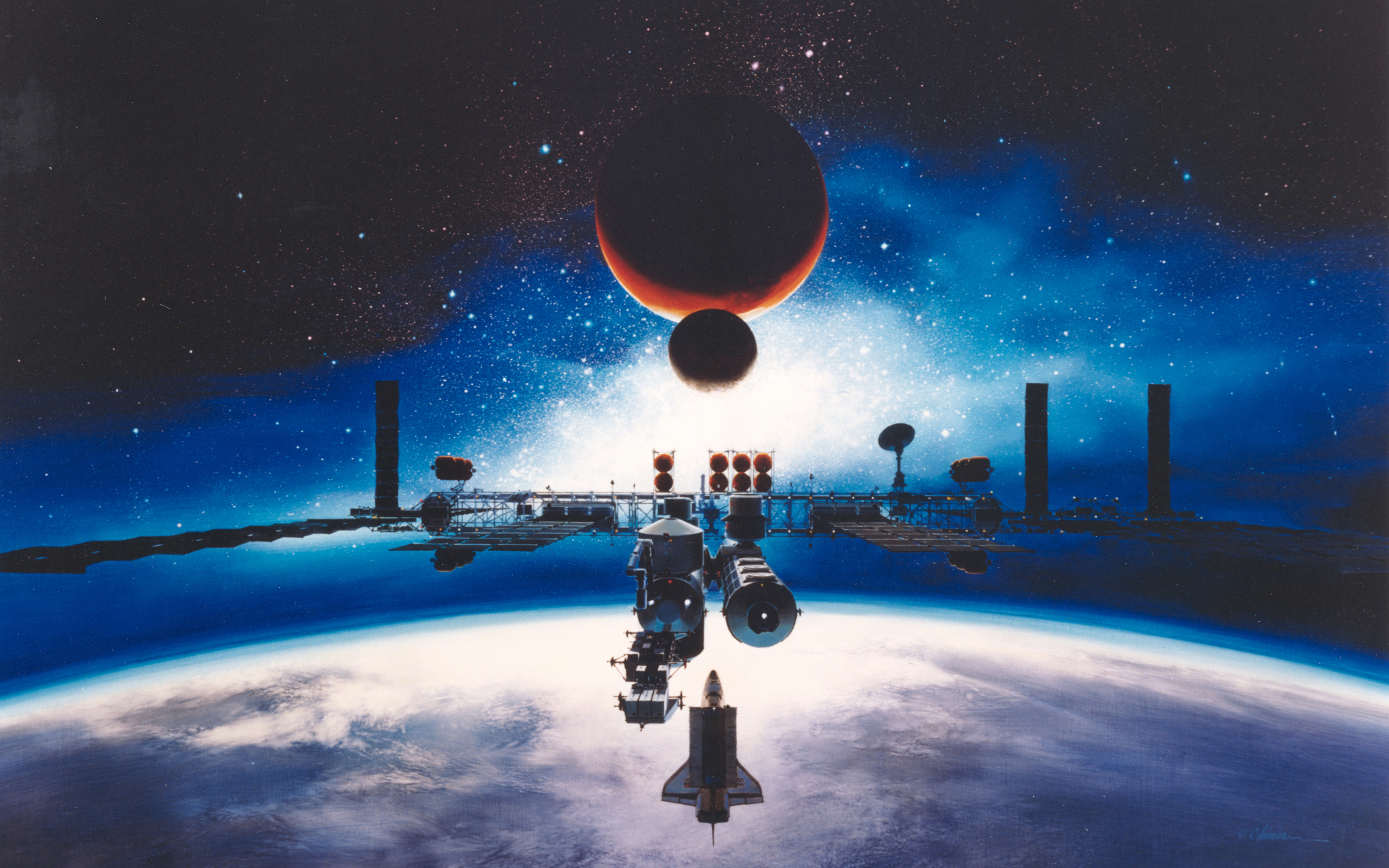 Space station, spacecraft, planet, space, fantasy, 2880x1800 wallpaper