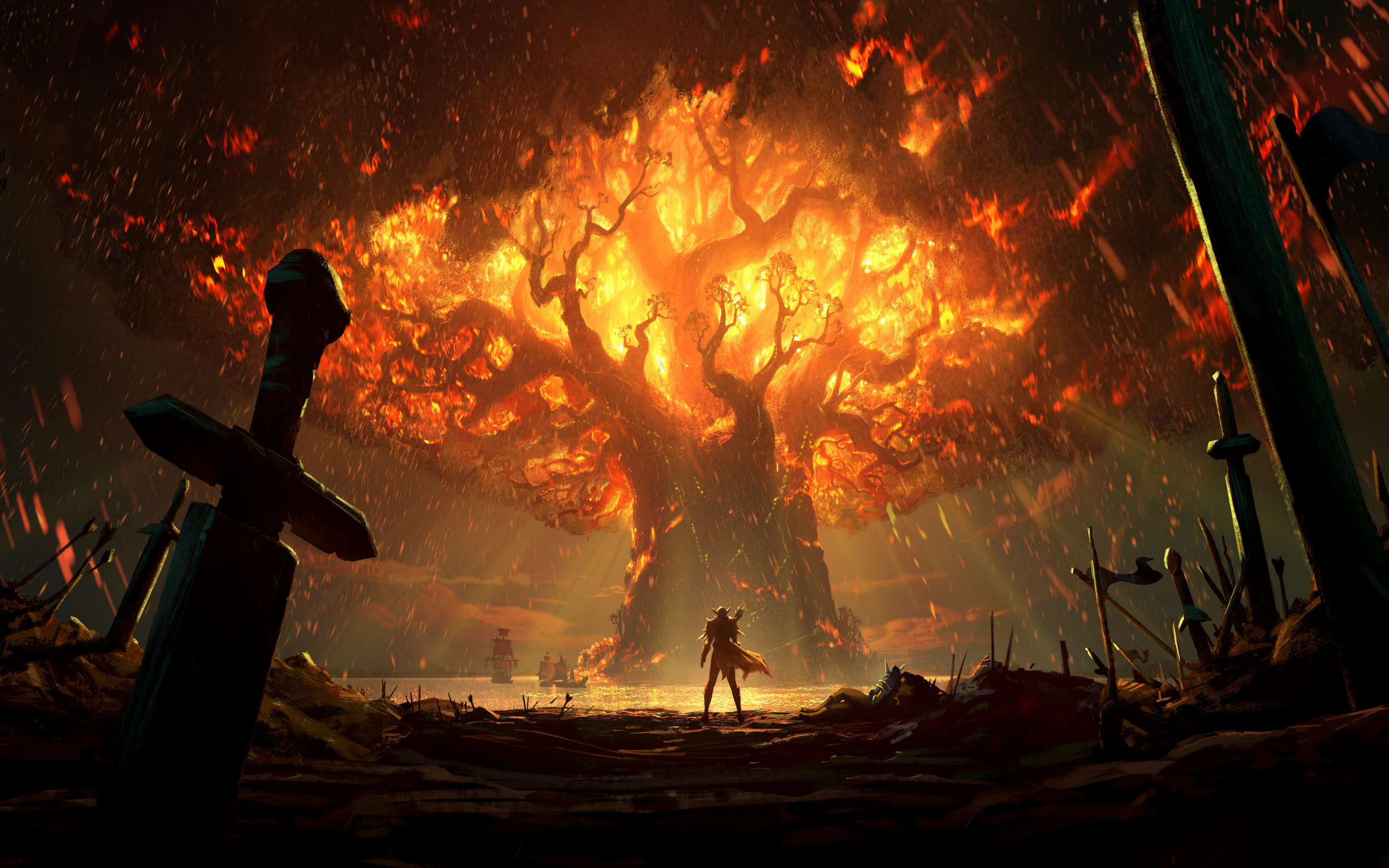 World of Warcraft: Battle for Azeroth, teldrassil burns, video game, 2880x1800 wallpaper
