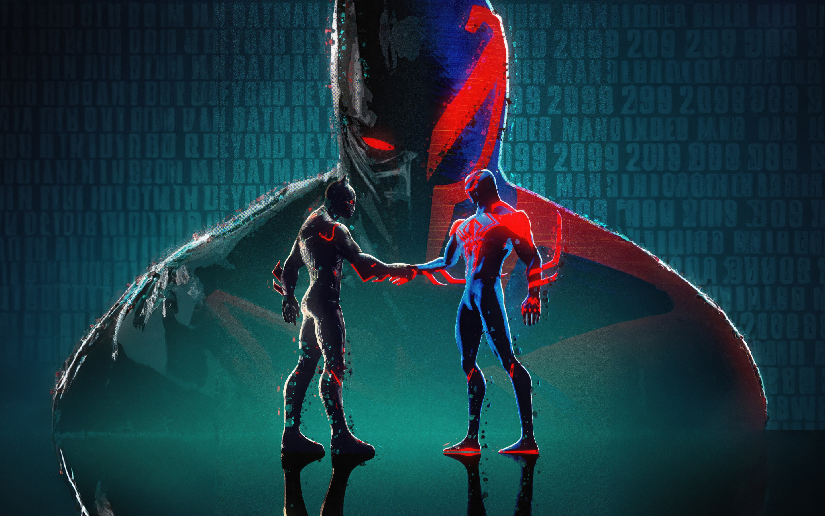Batman Beyond and Spider-Man 2099, futuristic justice, face-off, artwork, 2880x1800 wallpaper