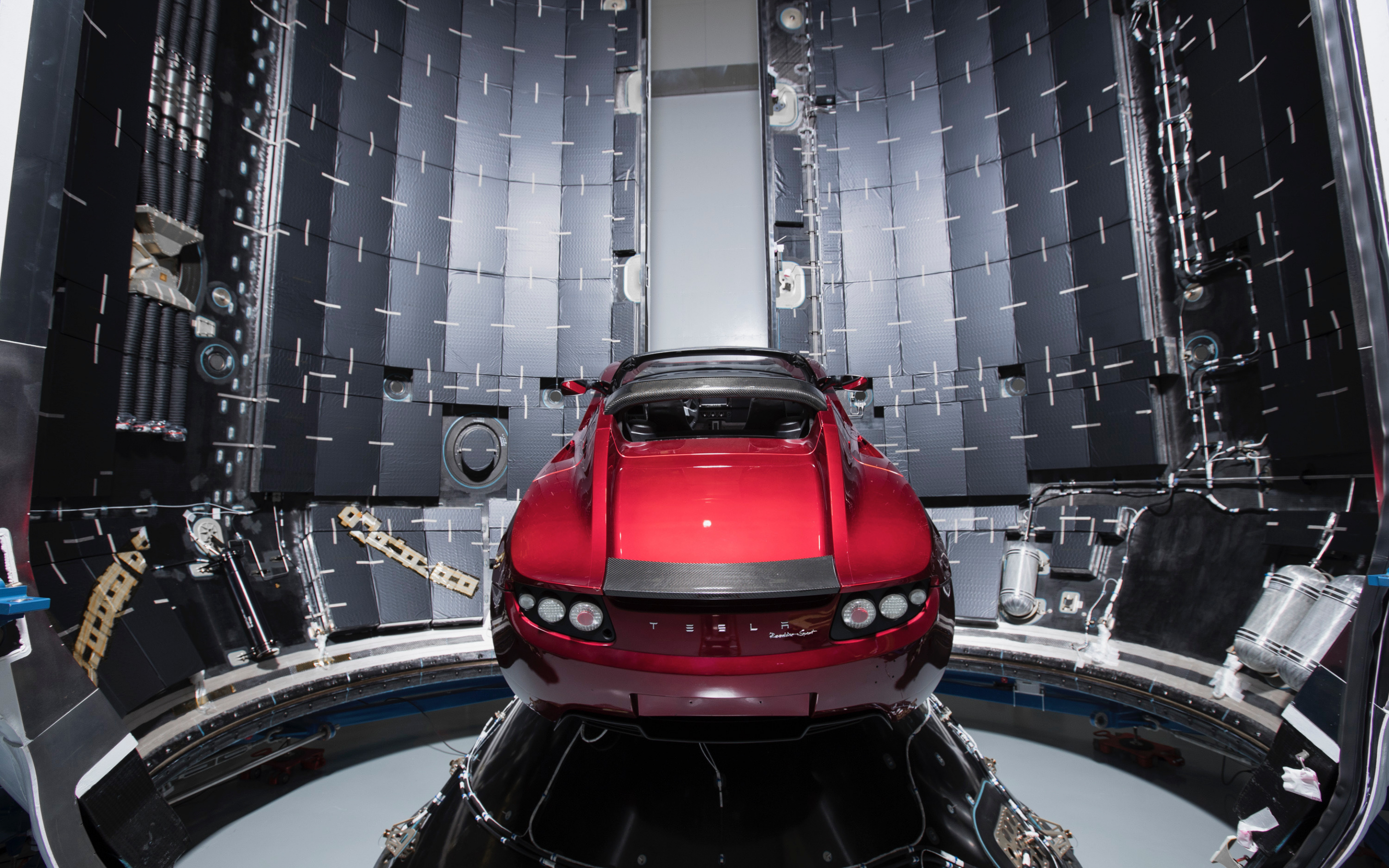 Tesla Roadster, red car, rocket, 2880x1800 wallpaper