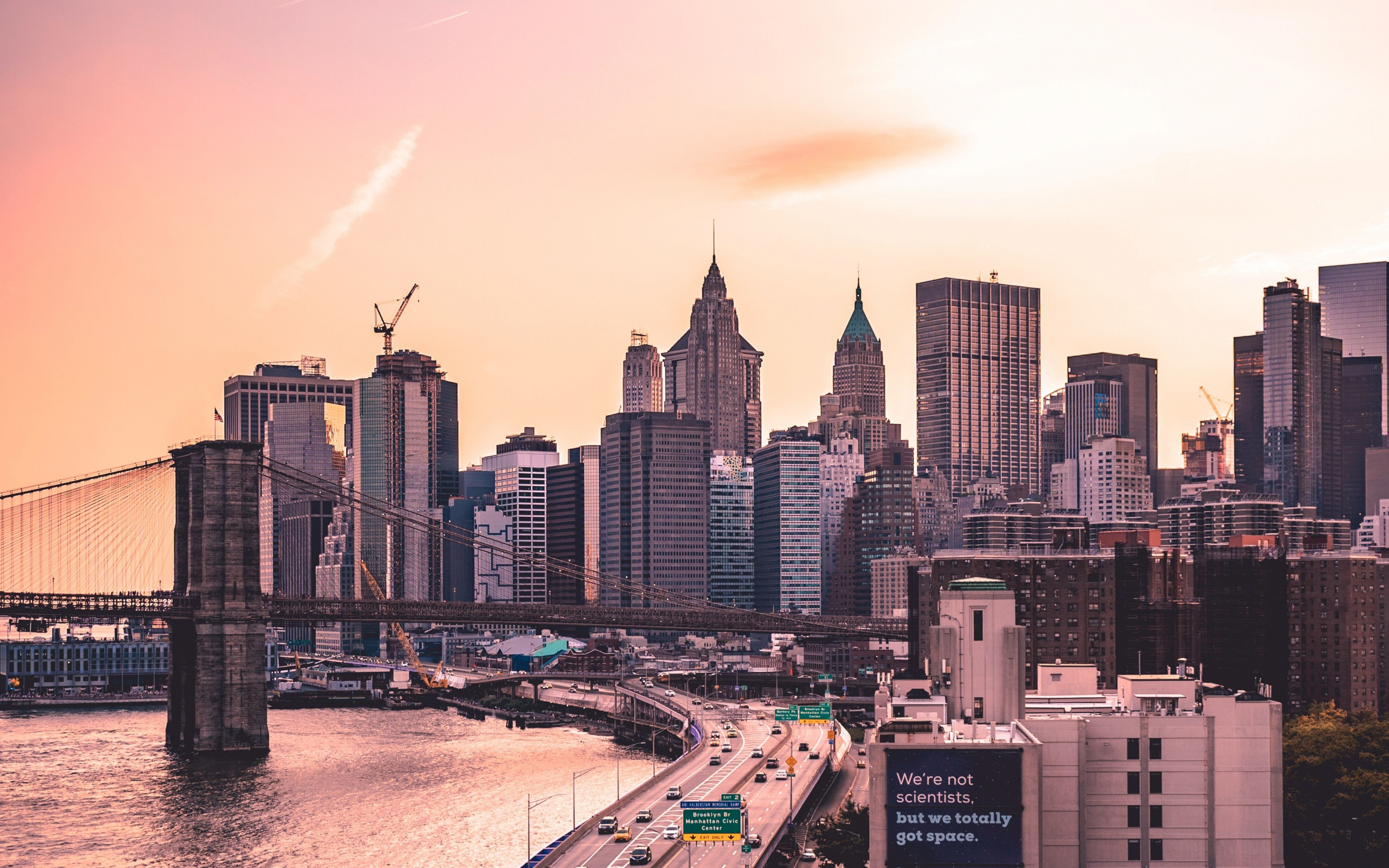 Manhattan Bridge, New York, city, buildings, susnet, 2880x1800 wallpaper