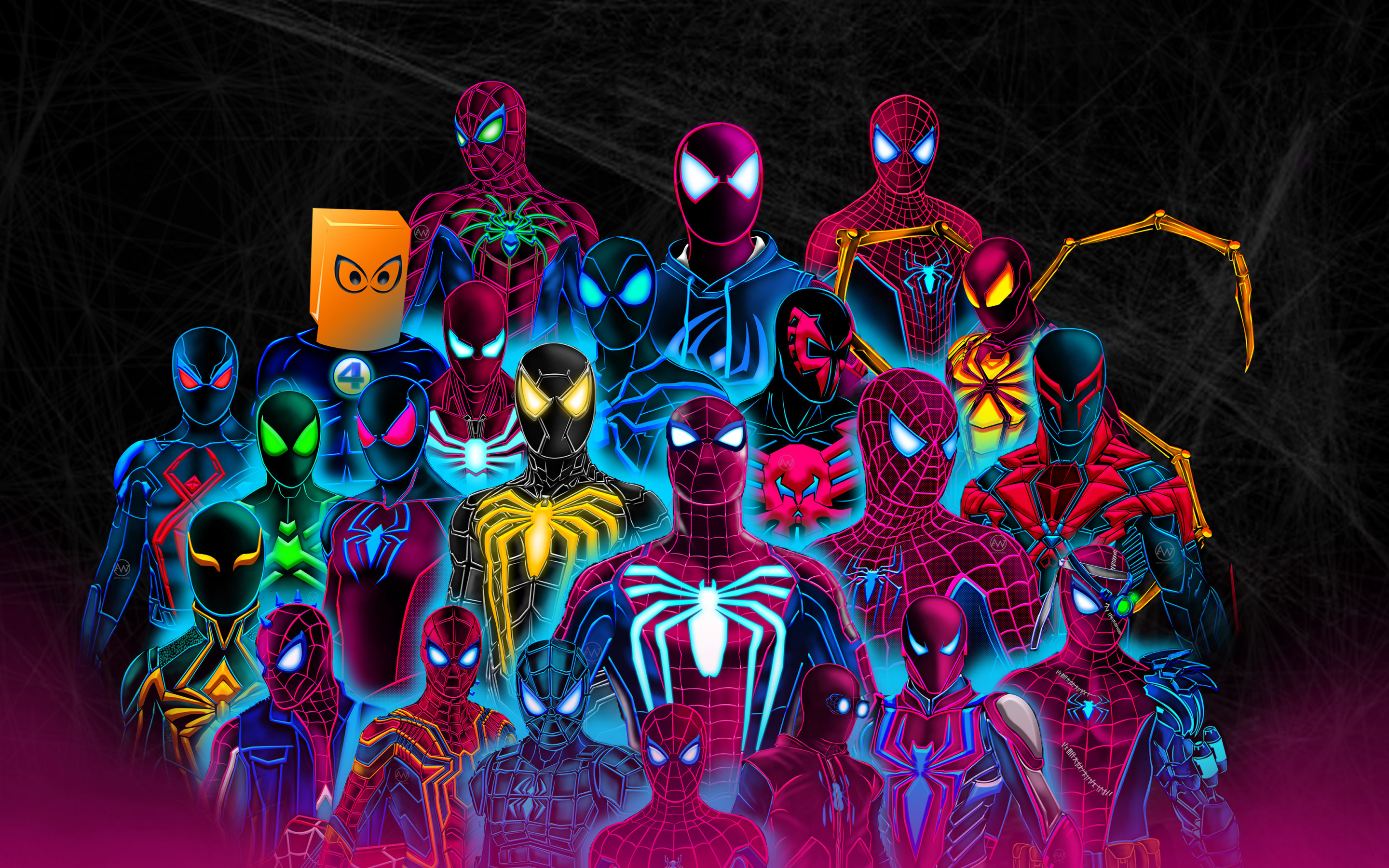 Spider-verse, all superhero, neon art, 2880x1800 wallpaper