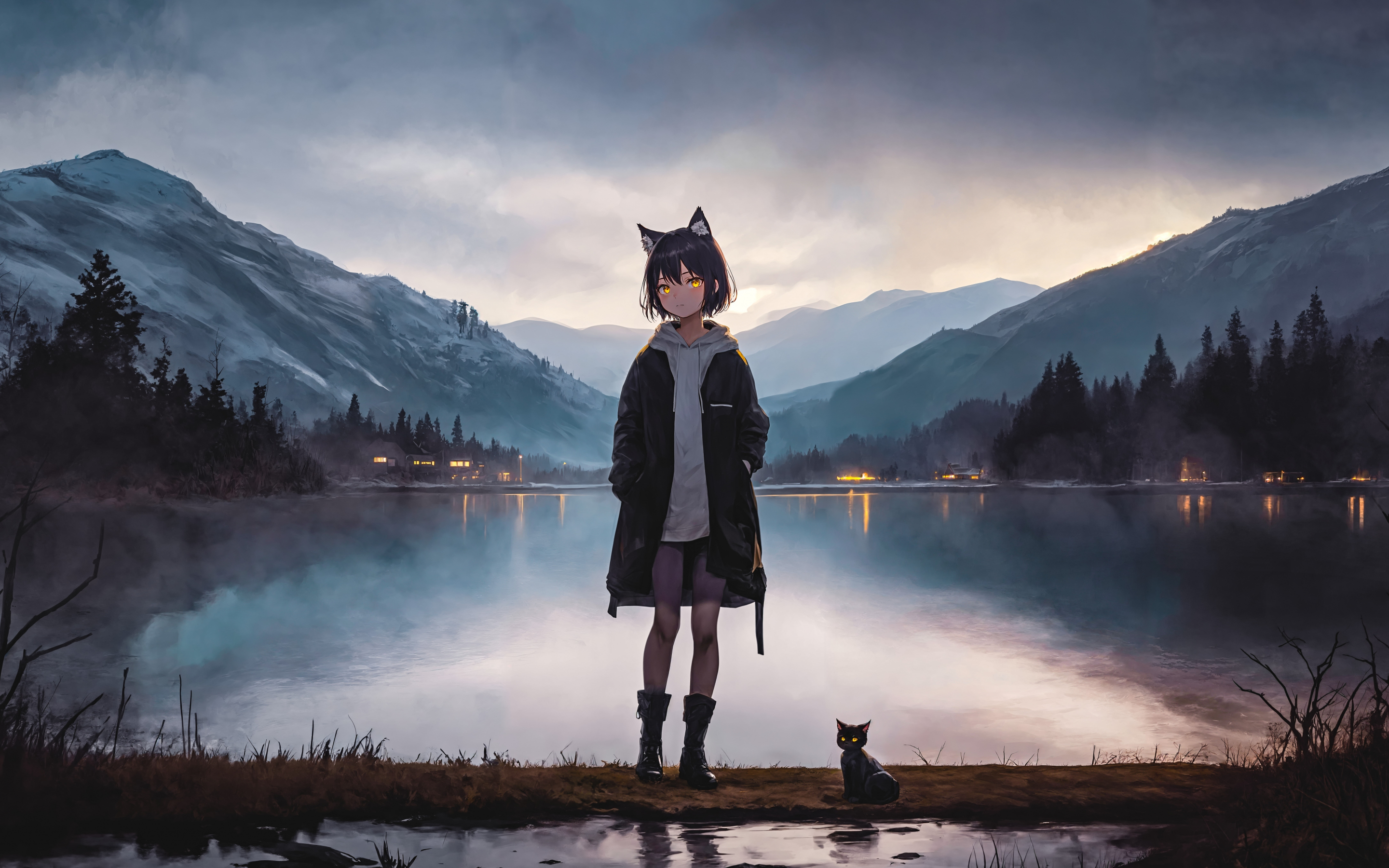 Catgirl and cat, outdoor, lake, fantasy, 2880x1800 wallpaper
