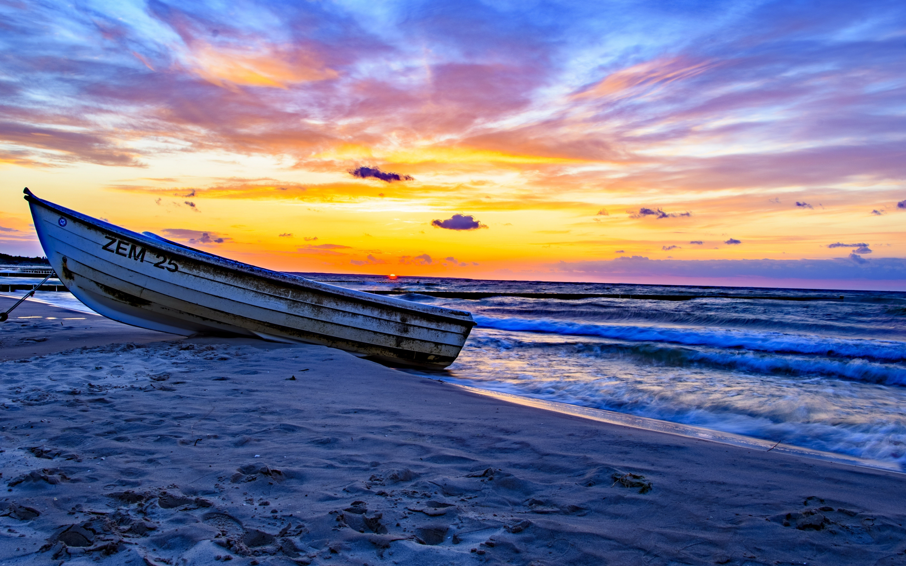 Boat, sand, beach, sunset, nature, 2880x1800 wallpaper