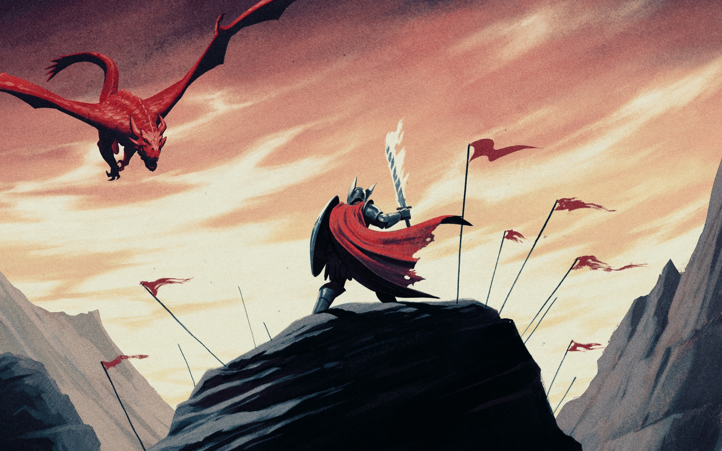 Dragon and warrior, art, 2880x1800 wallpaper