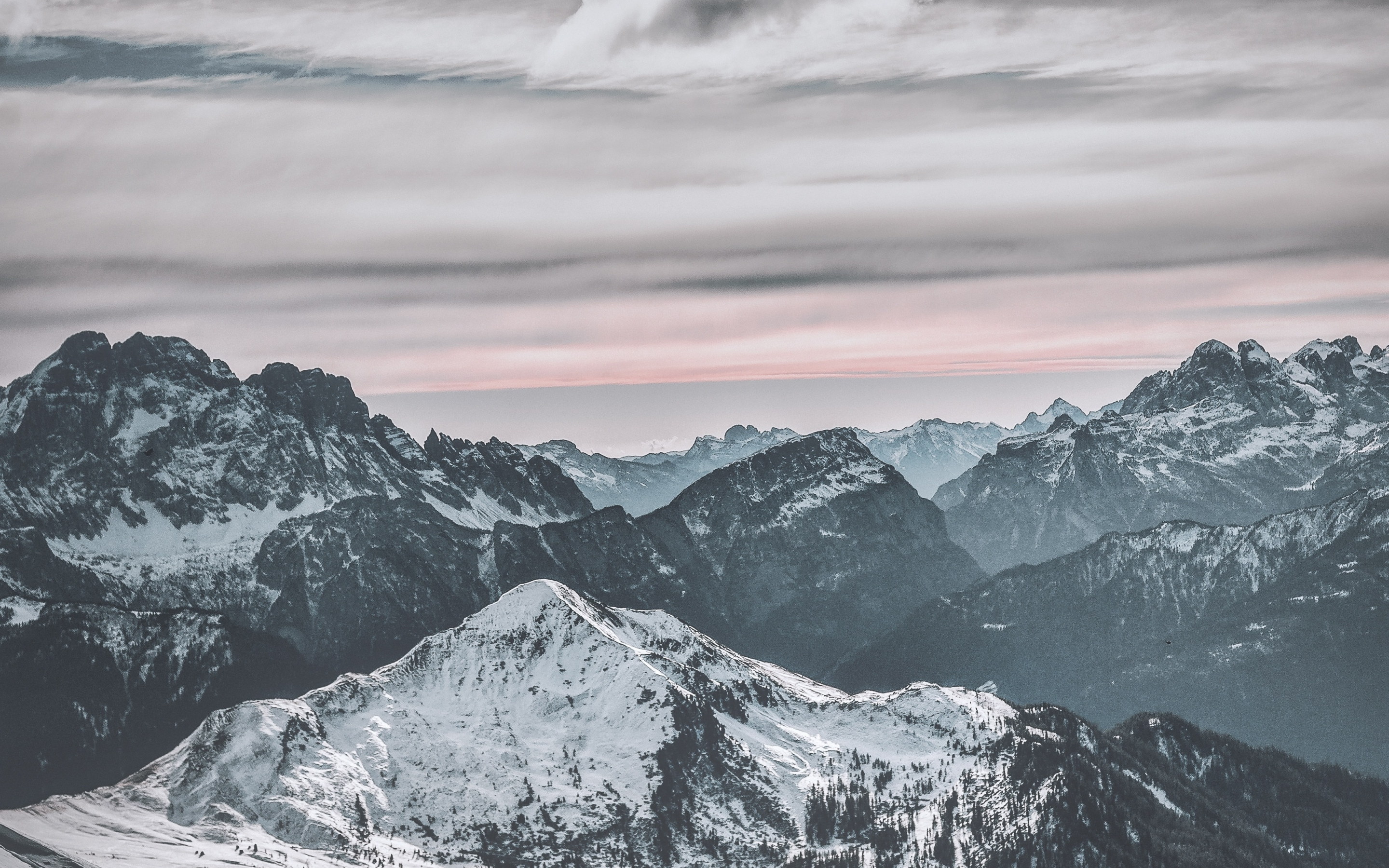 Mountains, peak, snow, winter, sunset, nature, 2880x1800 wallpaper
