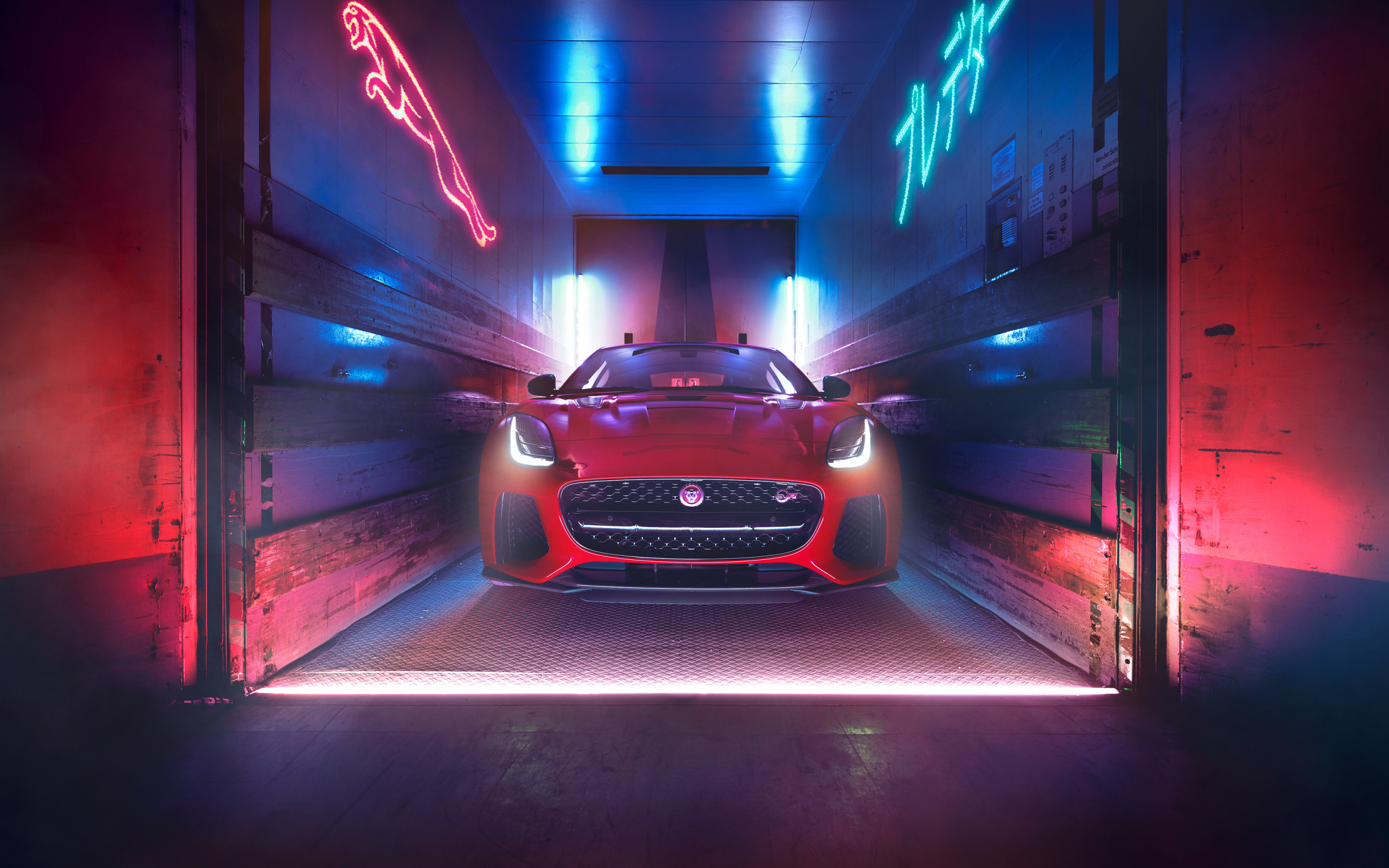 Neon lights, Jaguar F-Type, sports, luxury vehicle, 2880x1800 wallpaper