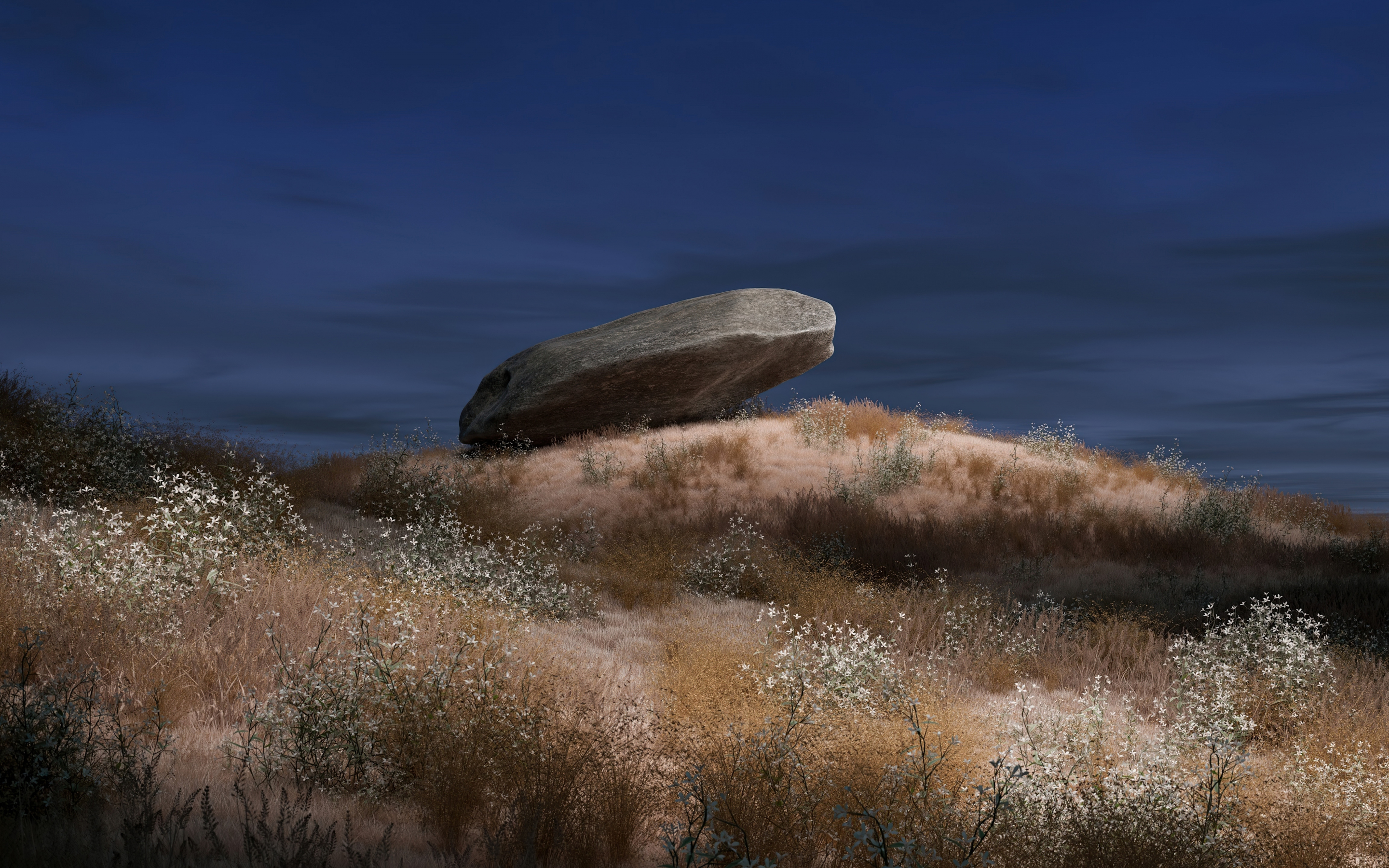 The lonely rock, Chrome OS, stock, dark night, landscape, 2880x1800 wallpaper