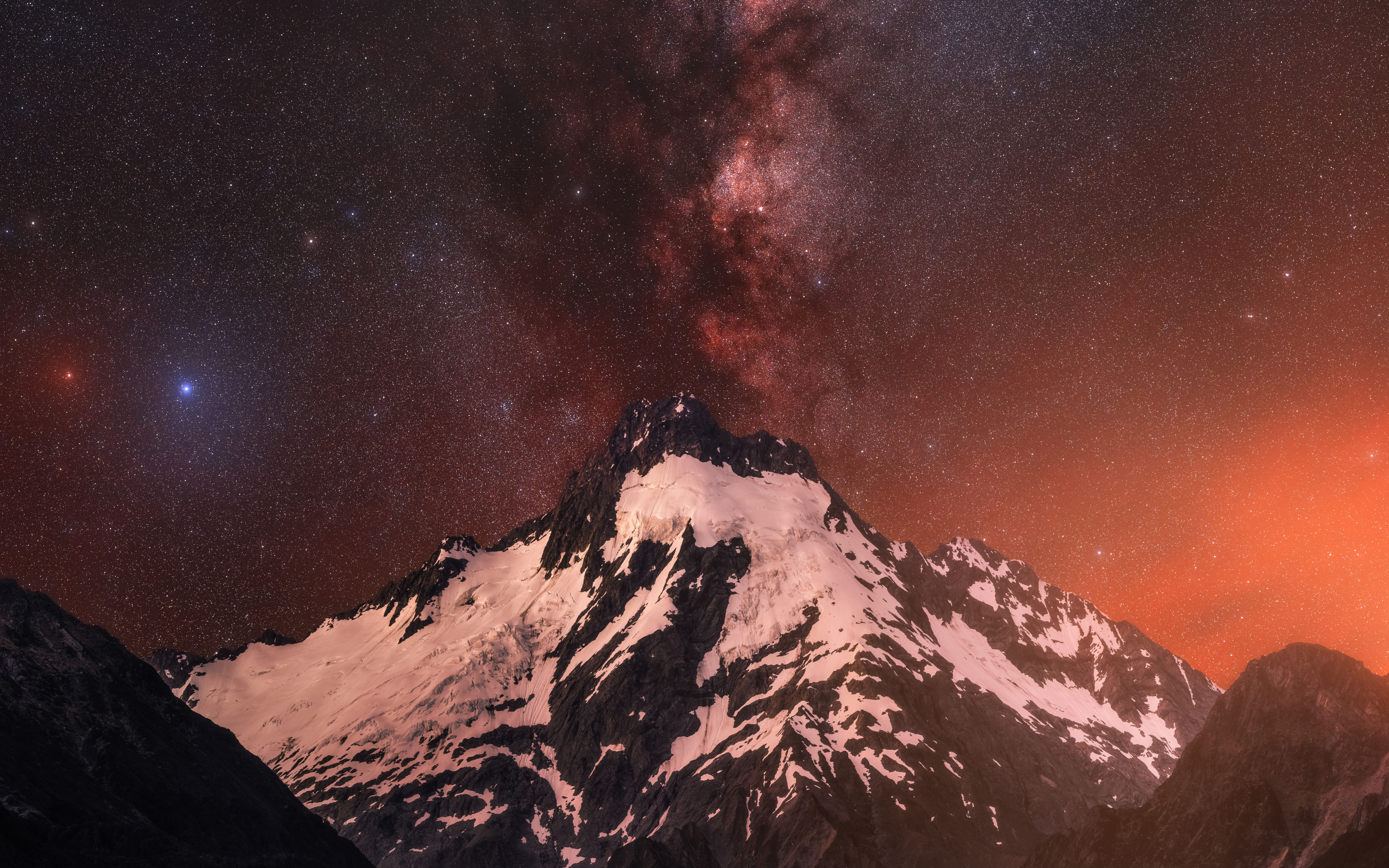 Mountains, starry night, glacier summit, nature, 2880x1800 wallpaper