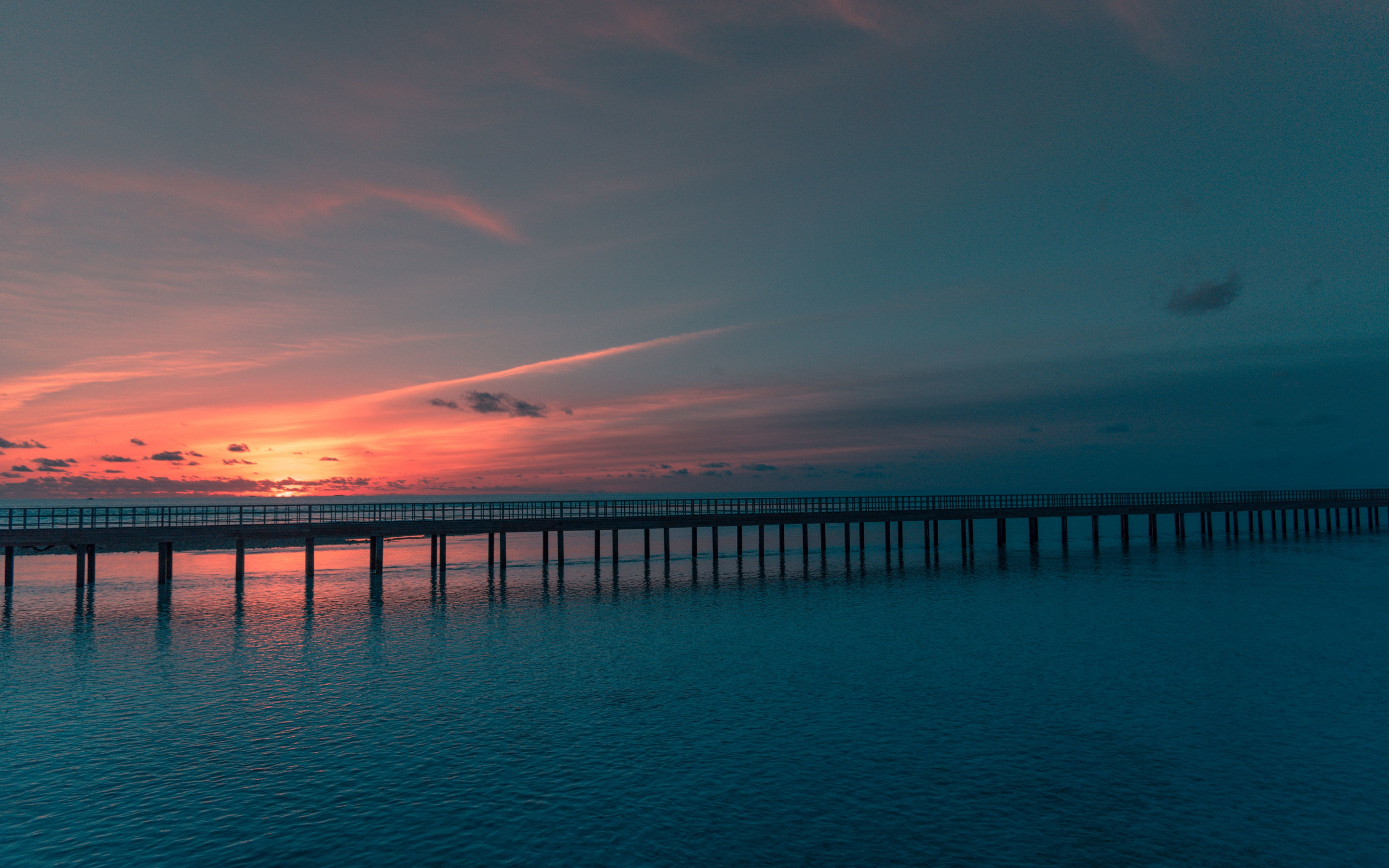 Sunset, bridge, sea, dark, nature, 2880x1800 wallpaper