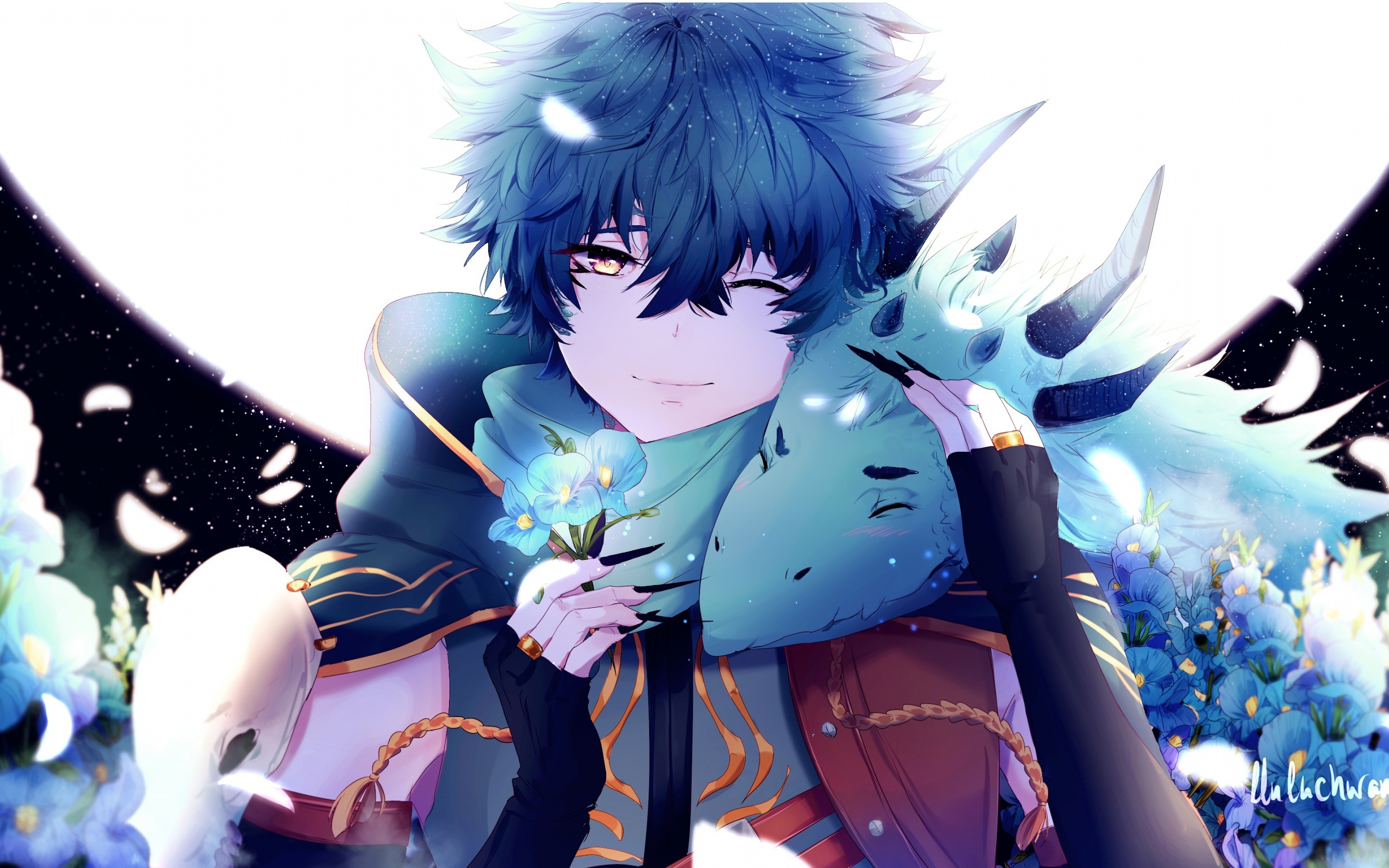 Anime boy, dragon, blue flowers, original, artwork, 2880x1800 wallpaper
