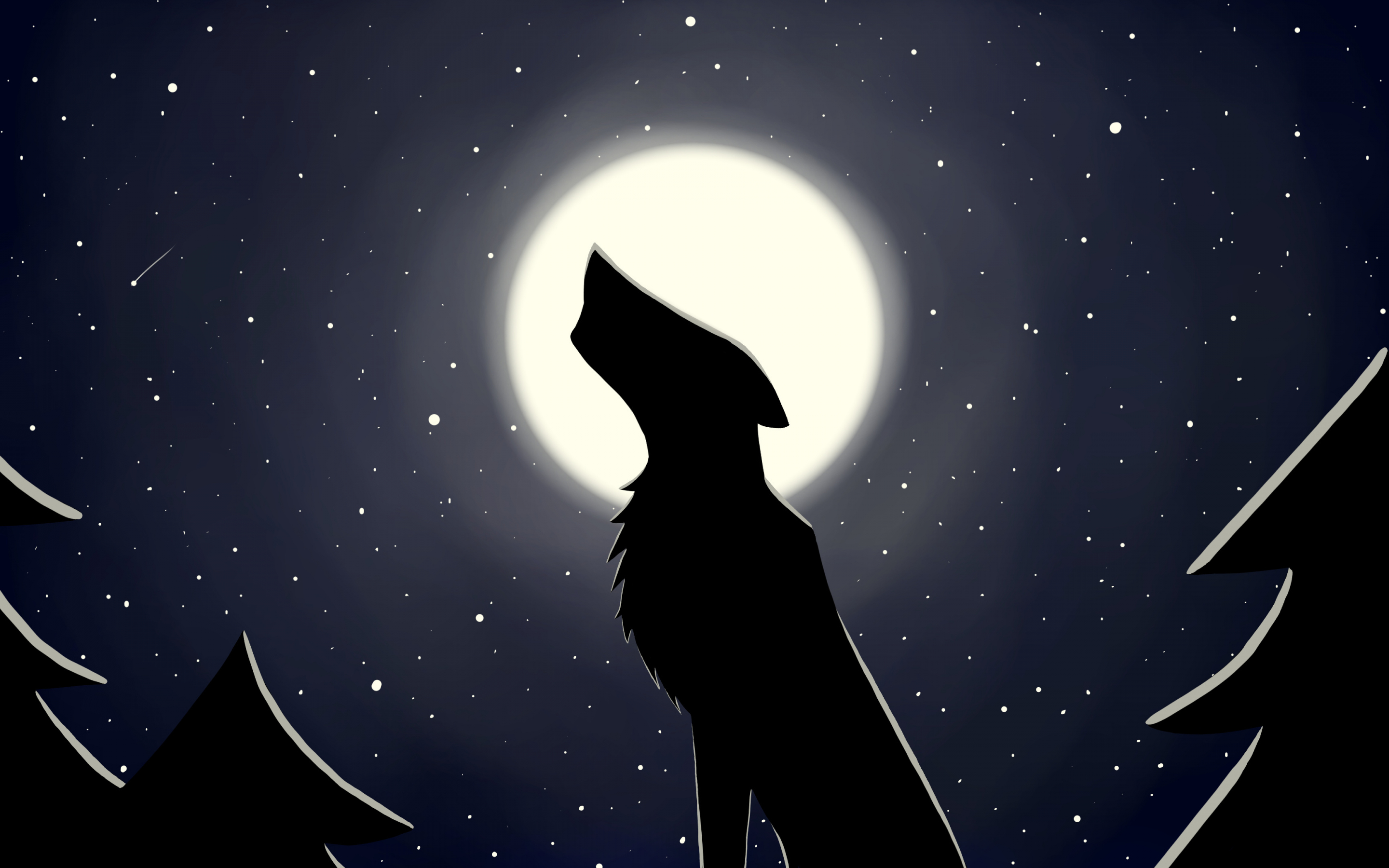 Wolf, moon, minimal, starry night, digital art, 2880x1800 wallpaper
