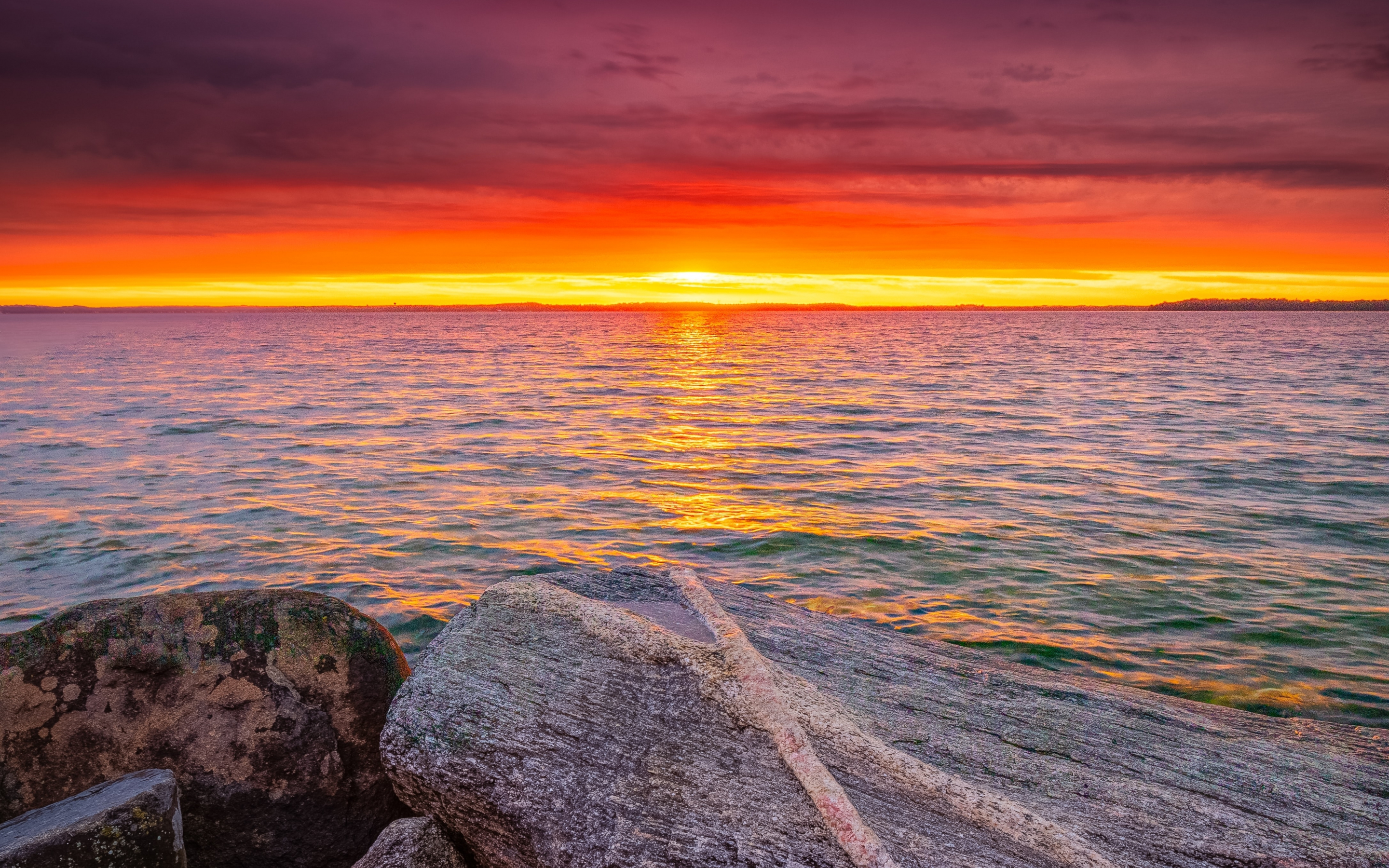 Sunset, rocks, coast, twilight, sea, 2880x1800 wallpaper