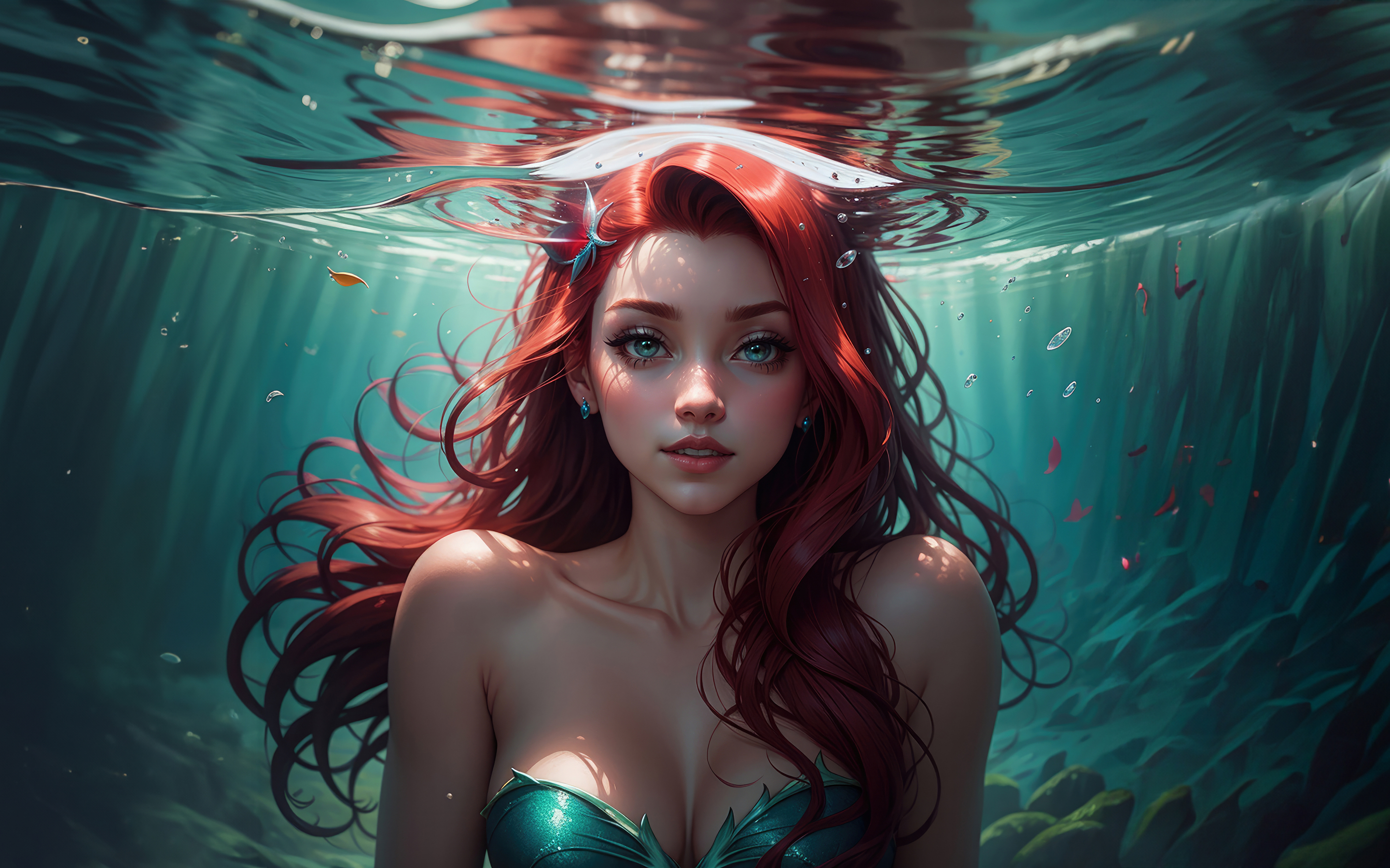Beautiful Ariel, fantasy, underwater princess, art, 2880x1800 wallpaper