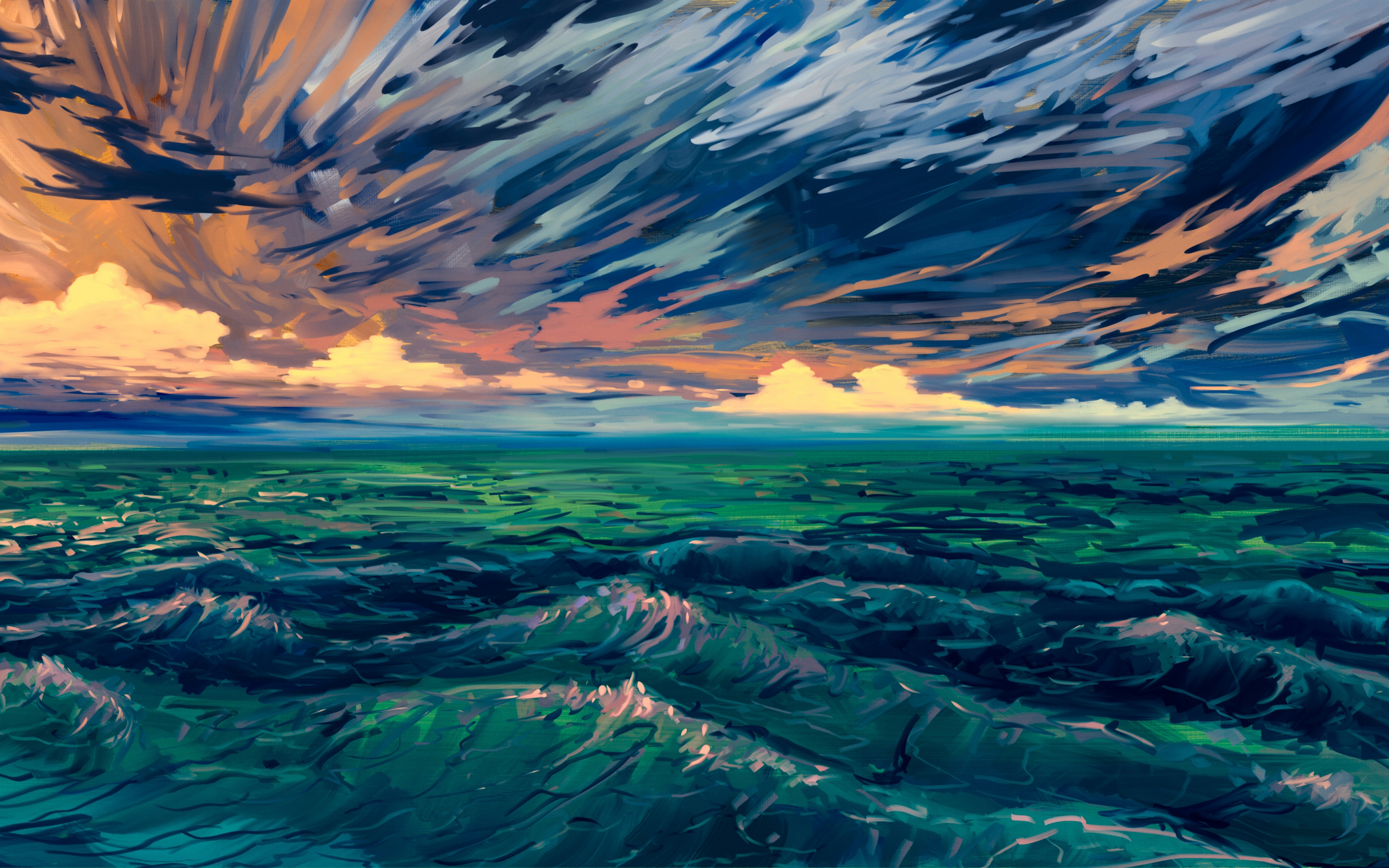 Scenery, sea waves, sea, clouds, digital art, 2880x1800 wallpaper