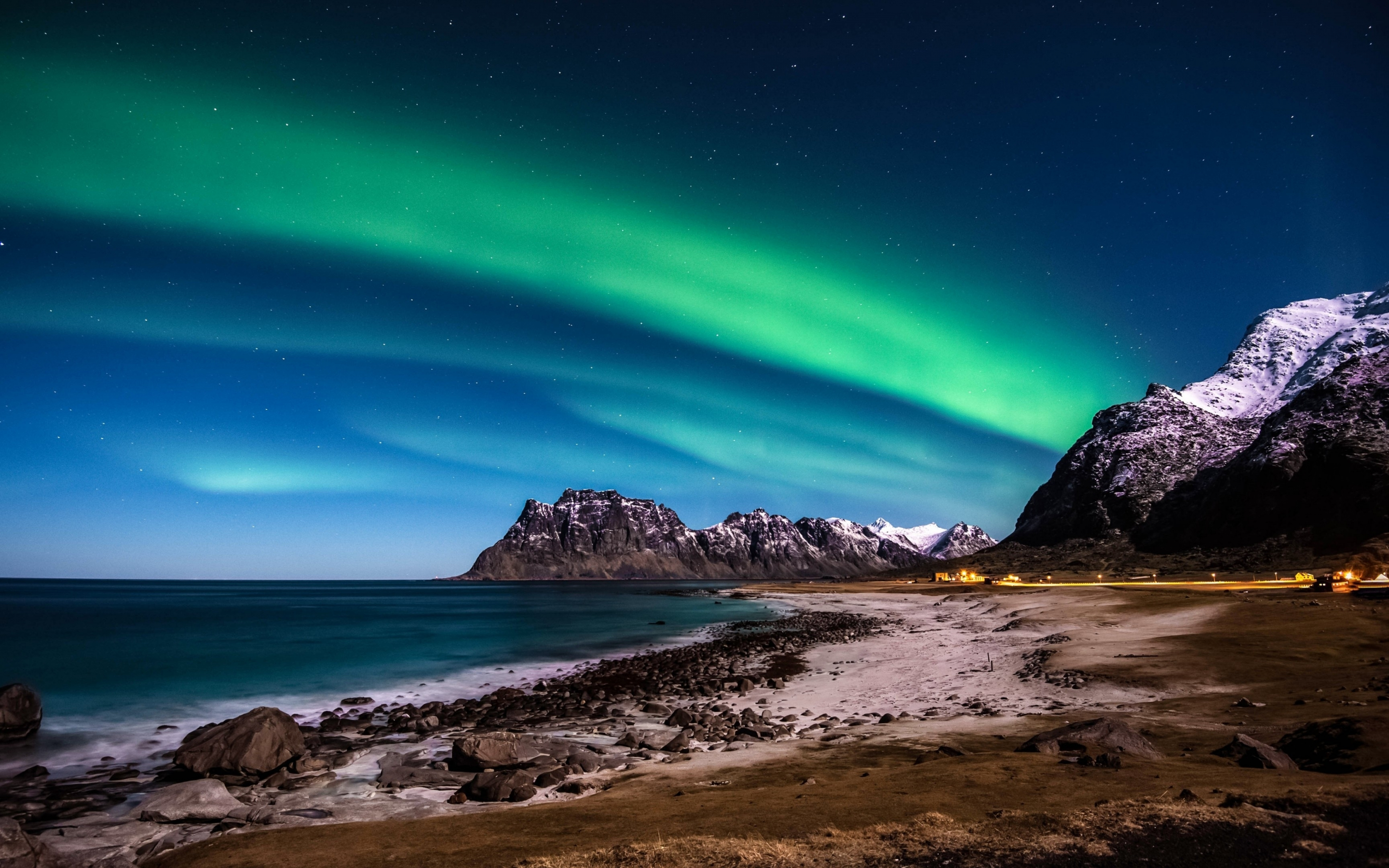 Lofoten islands, Norway, Aurora Borealis, Northern Lights, nature, beach, 2880x1800 wallpaper
