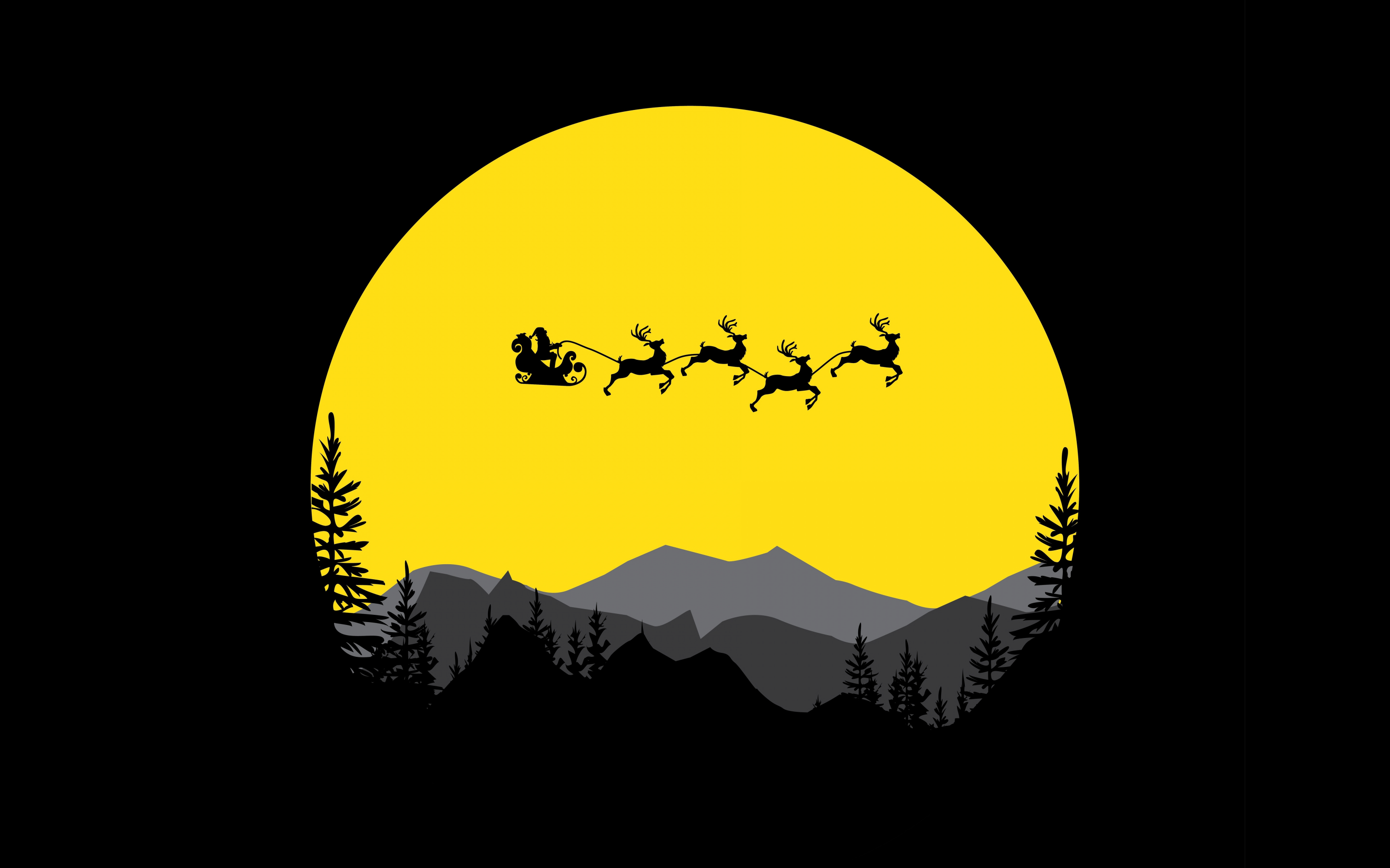 Santa Claus, moon, reindeer, chariot, silhouette, 2880x1800 wallpaper