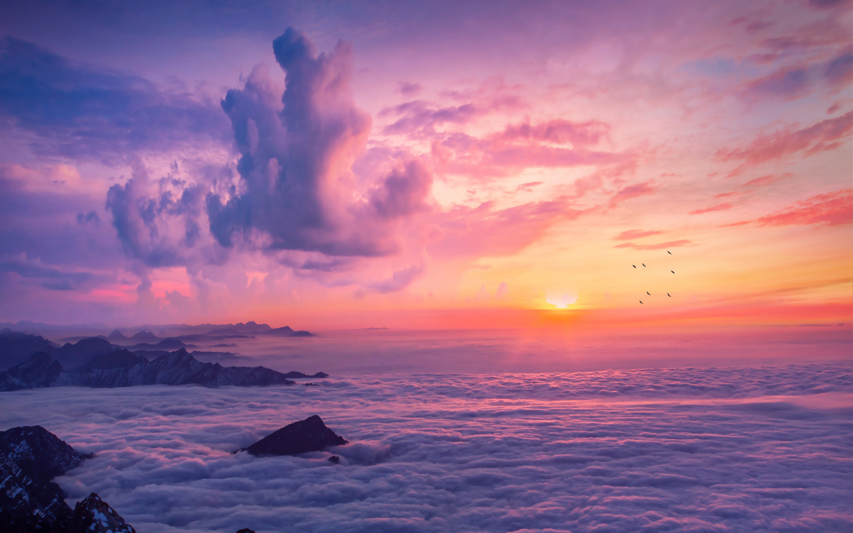 Sea of clouds, horizon, sunset, aerial view, nature, 2880x1800 wallpaper