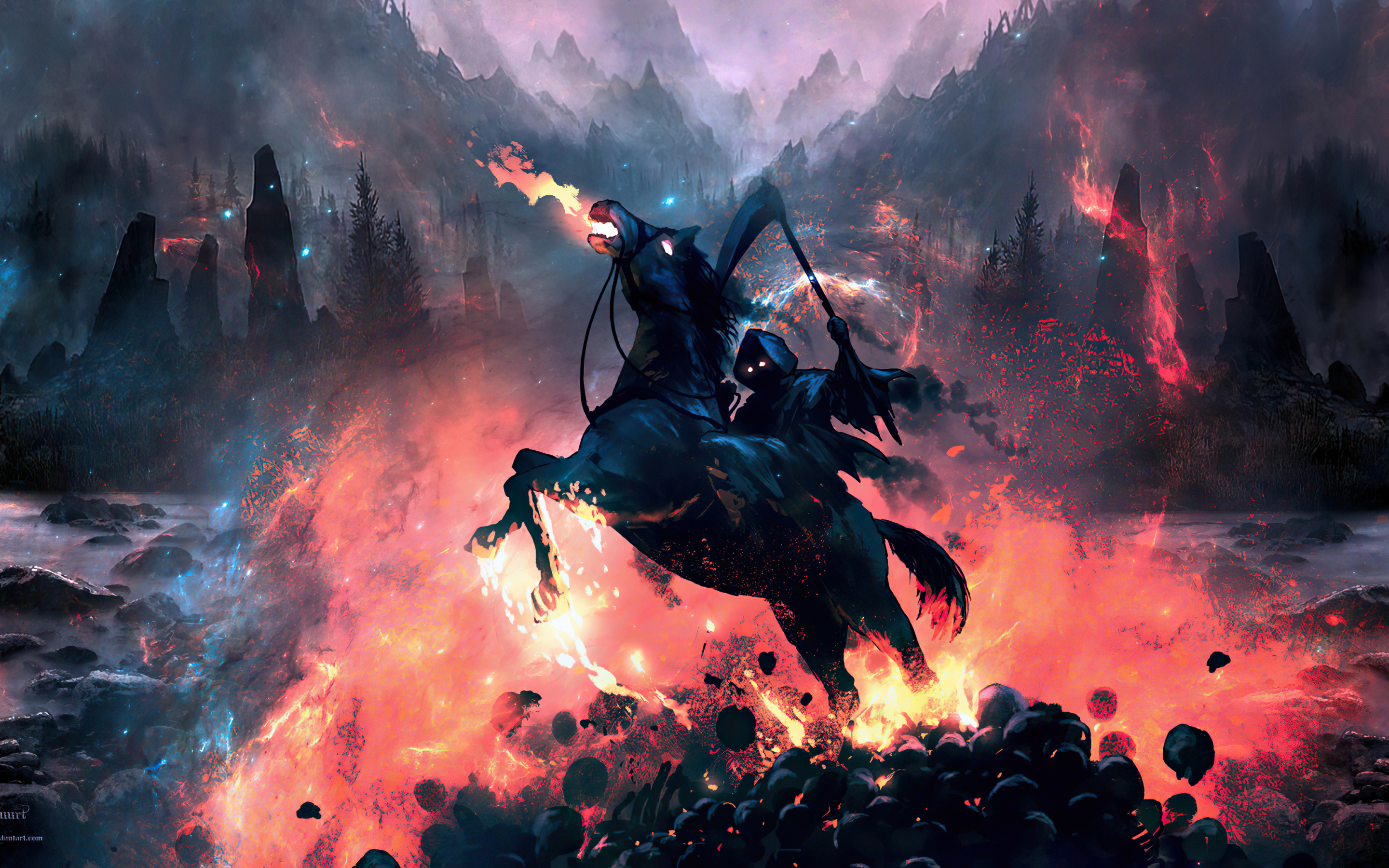 Reaper, fire, horse ride, fantasy, 2880x1800 wallpaper