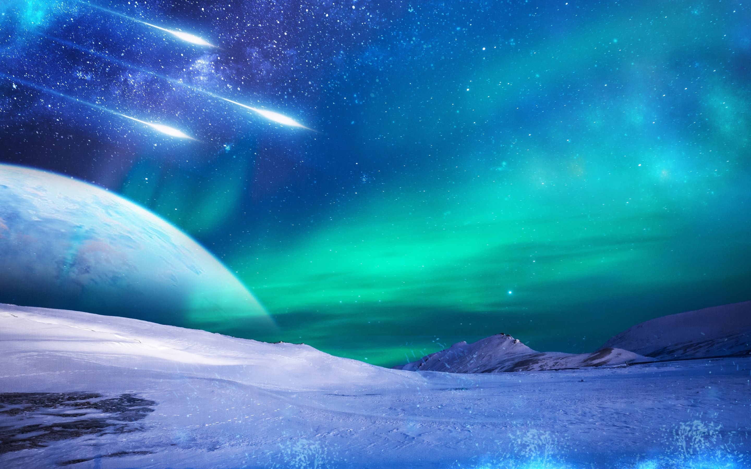 Frozen lands, sky, Northen Lights, 2880x1800 wallpaper