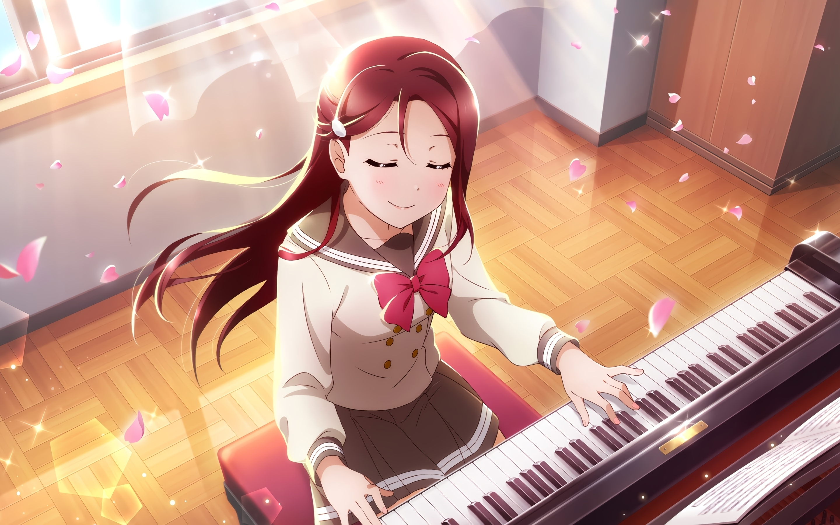 Piano play, Love Live!, anime girl, redhead, 2880x1800 wallpaper