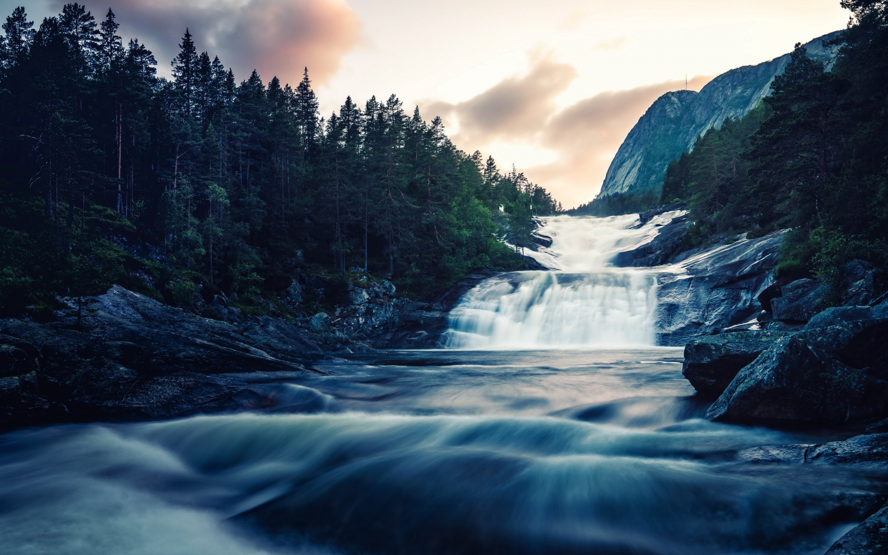 Stream of river, water flow, forest, nature, 2880x1800 wallpaper
