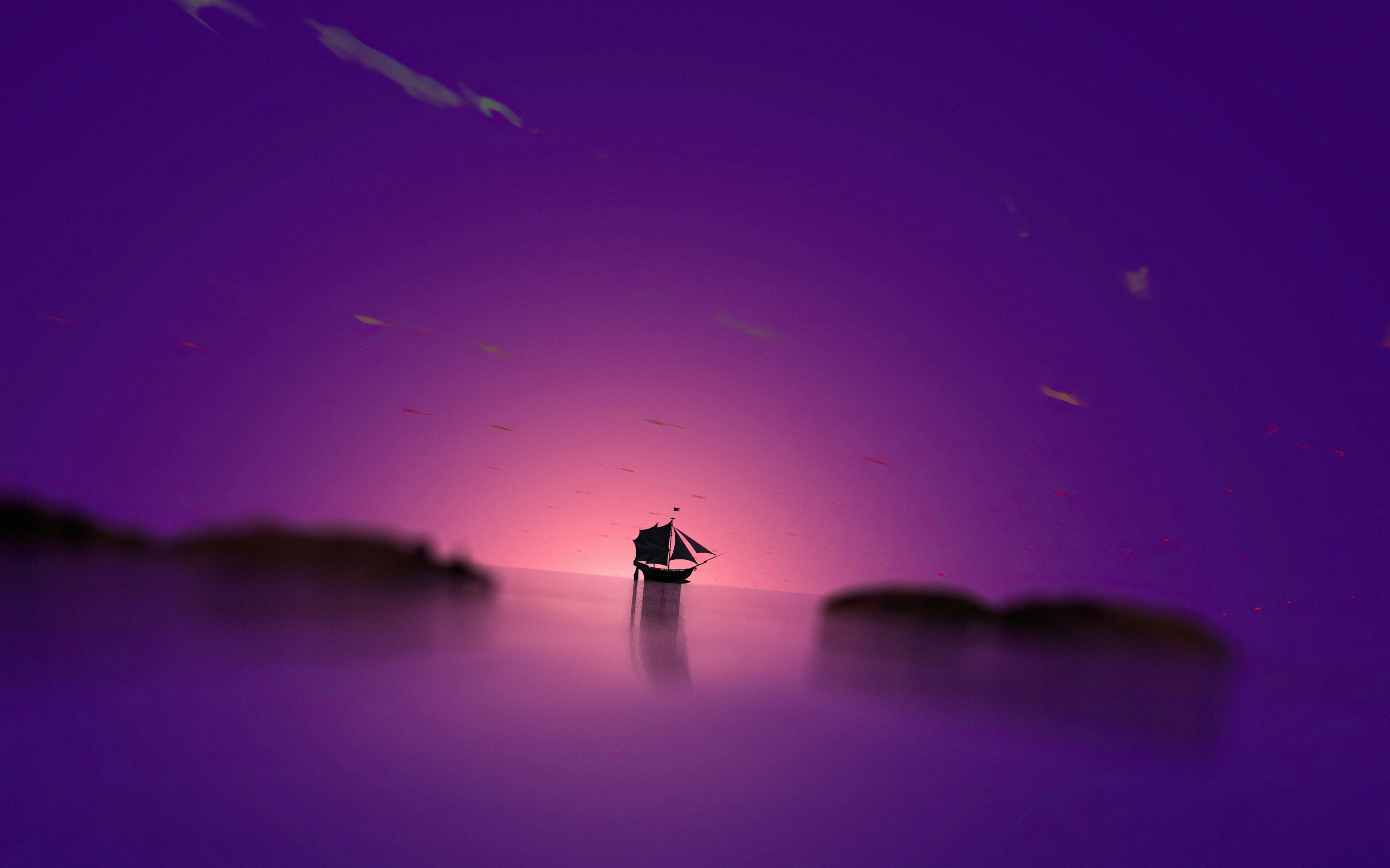 Purple dome boat, sunset, seascape, minimal, 2880x1800 wallpaper