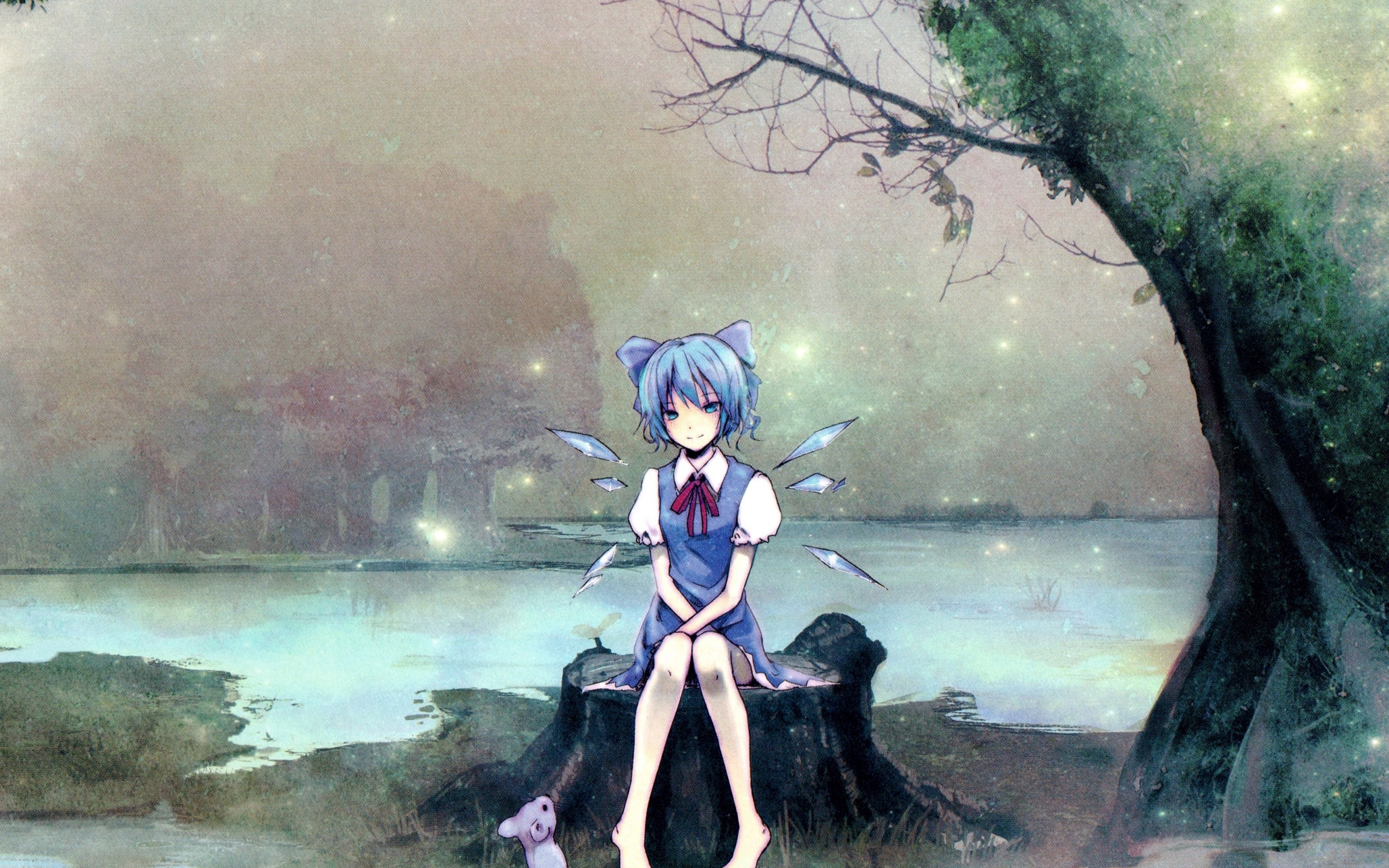 Cirno, touhou, anime girl, sit, outdoor, 2880x1800 wallpaper