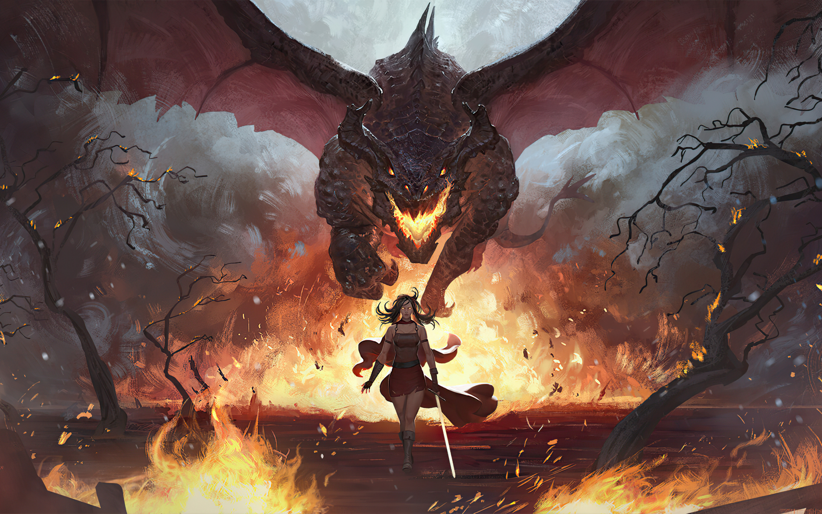 War of dragons, dragon fire, fantasy, 2880x1800 wallpaper