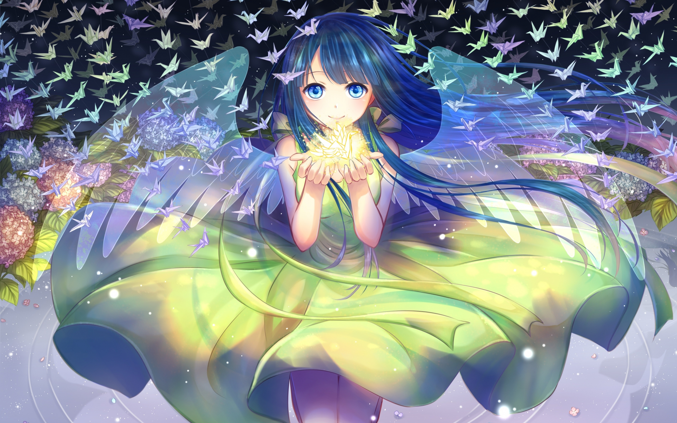 Cute, anime girl, blue hair, night out, small birds, original, 2880x1800 wallpaper