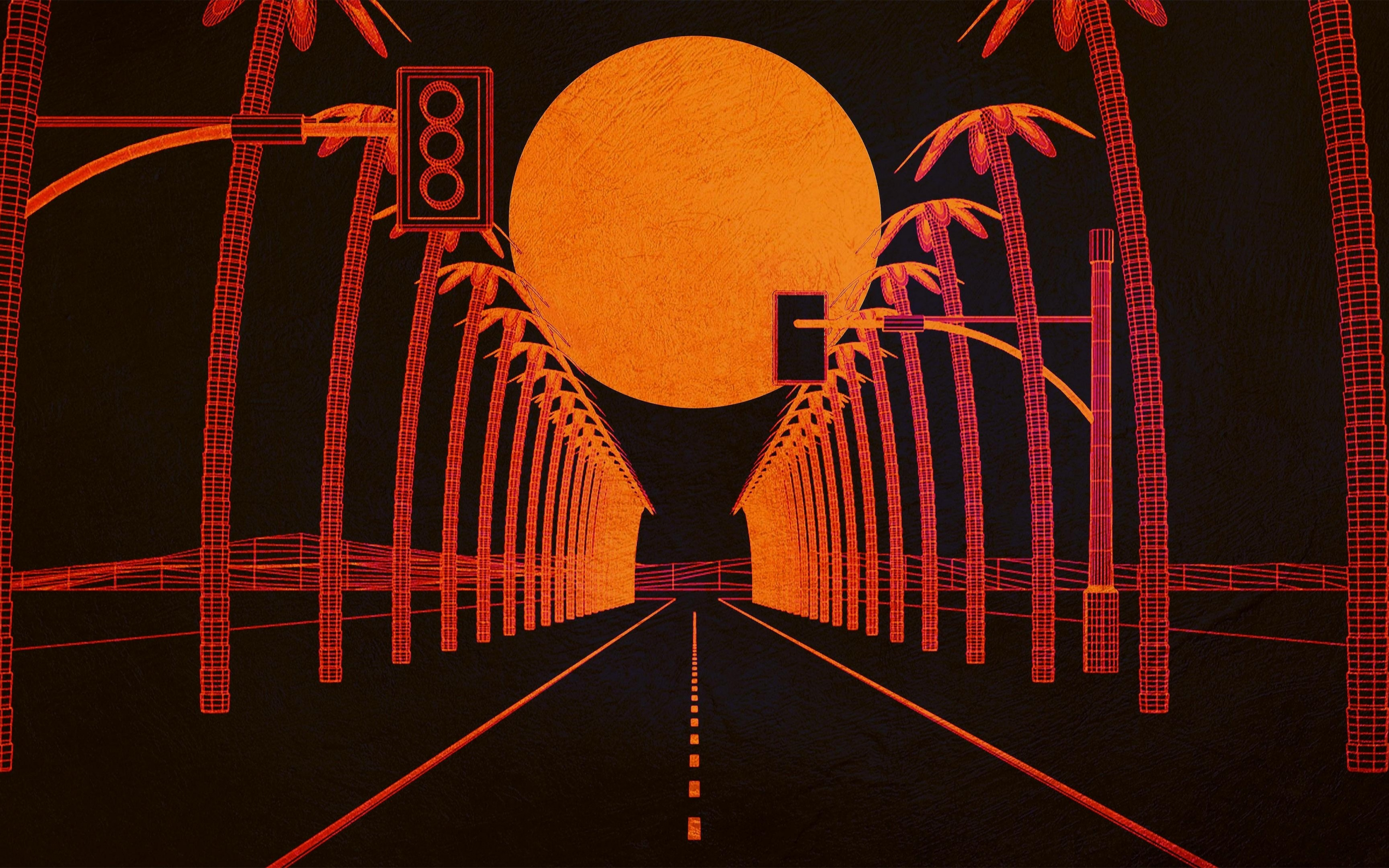 Burnwave, highway, palm trees, dark, artwork, 2880x1800 wallpaper