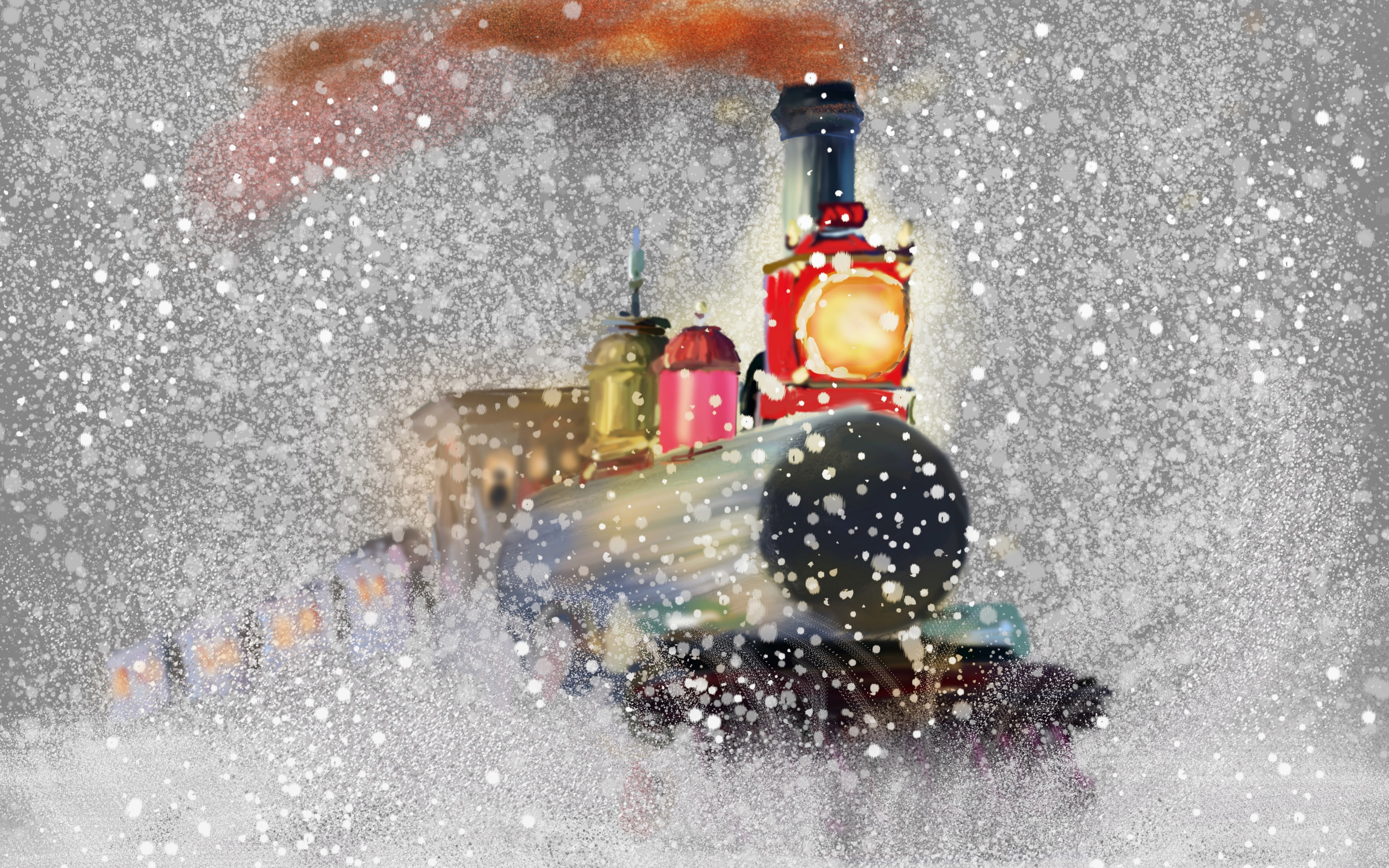 Train, winter, snowfall, snowflakes, artwork, 2880x1800 wallpaper