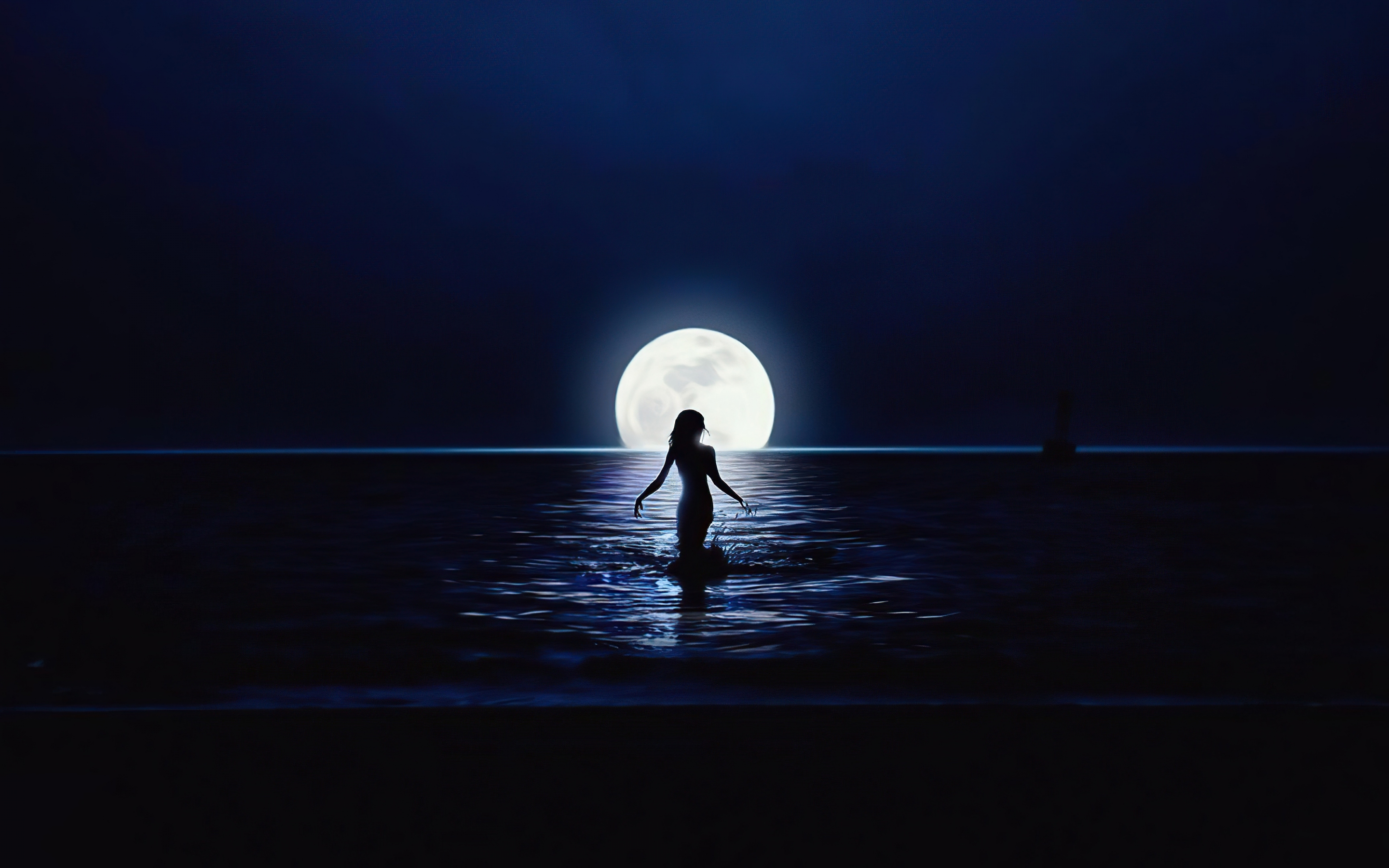 Girl and moon, ocean, silhouette, 2880x1800 wallpaper