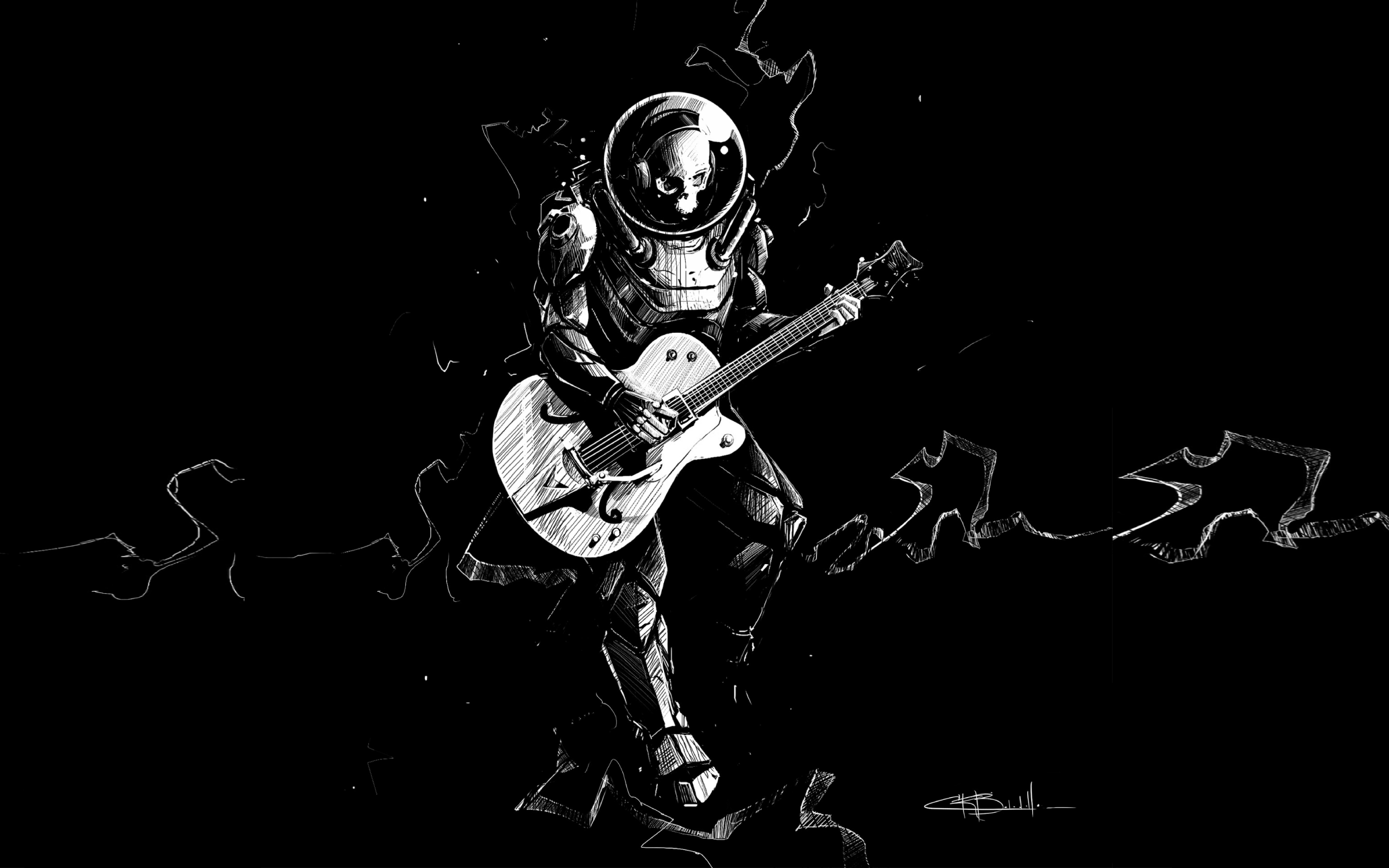 Art, skeleton, guitar, play, music, BW, 2880x1800 wallpaper