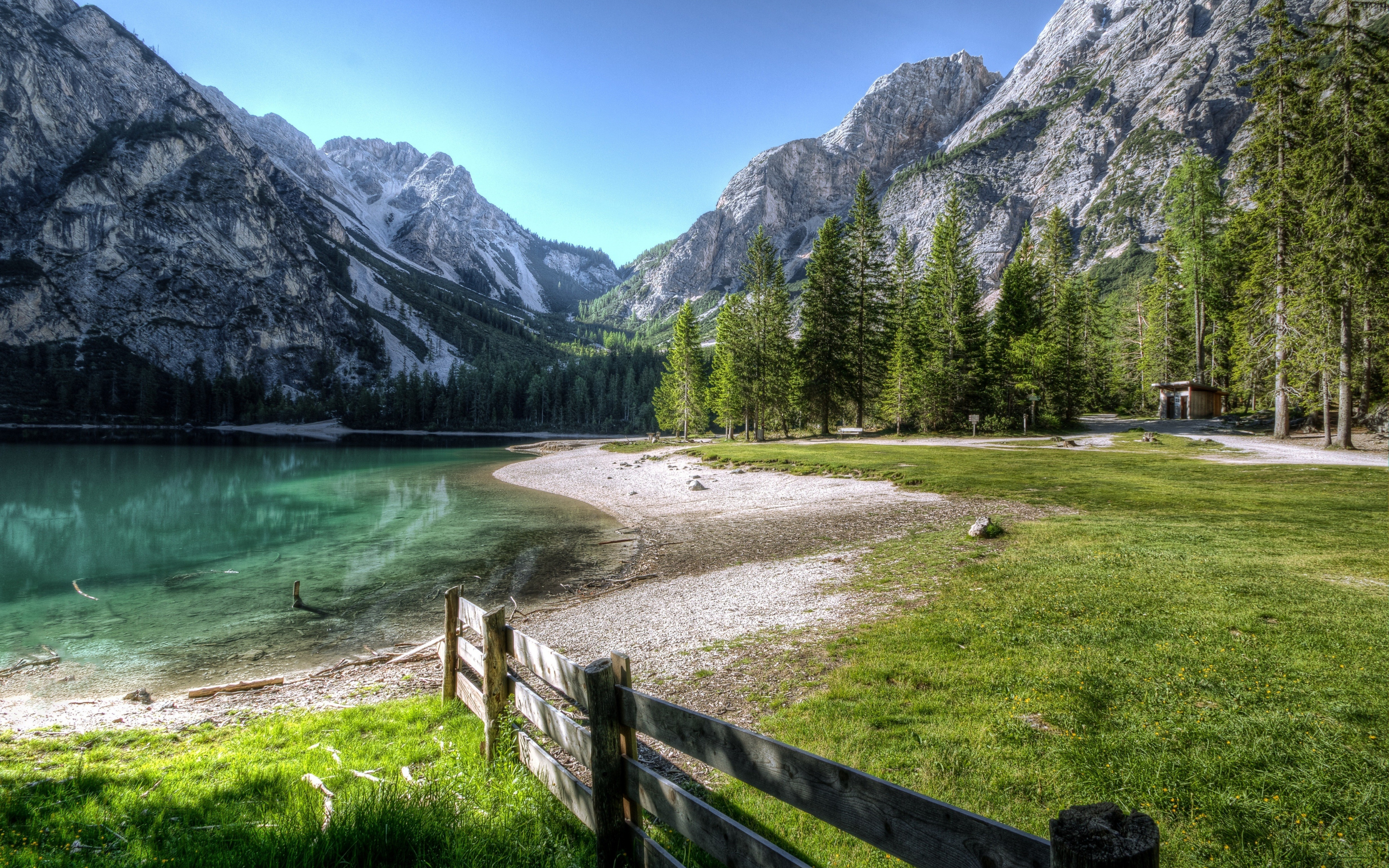 Conifer, fence, lake, landscape, outdoors, nature, mountains, 2880x1800 wallpaper
