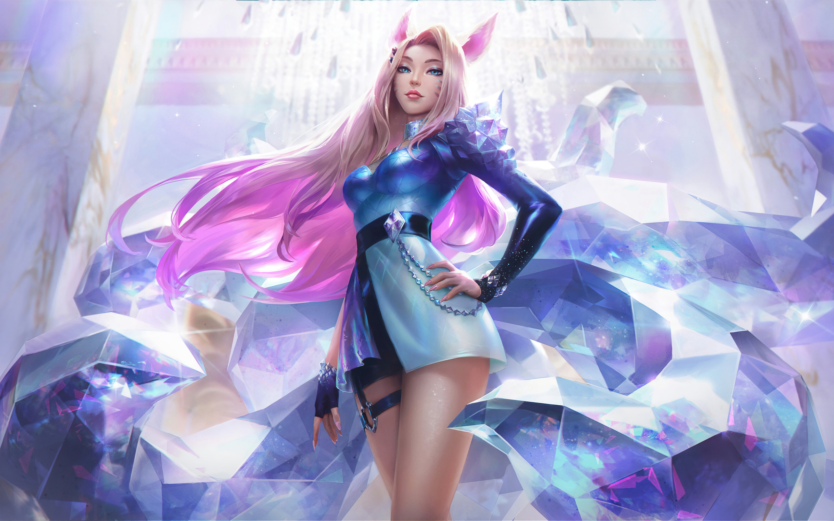 Pink hair elf, Ahri, beautiful girl, LOL game, art, 2880x1800 wallpaper