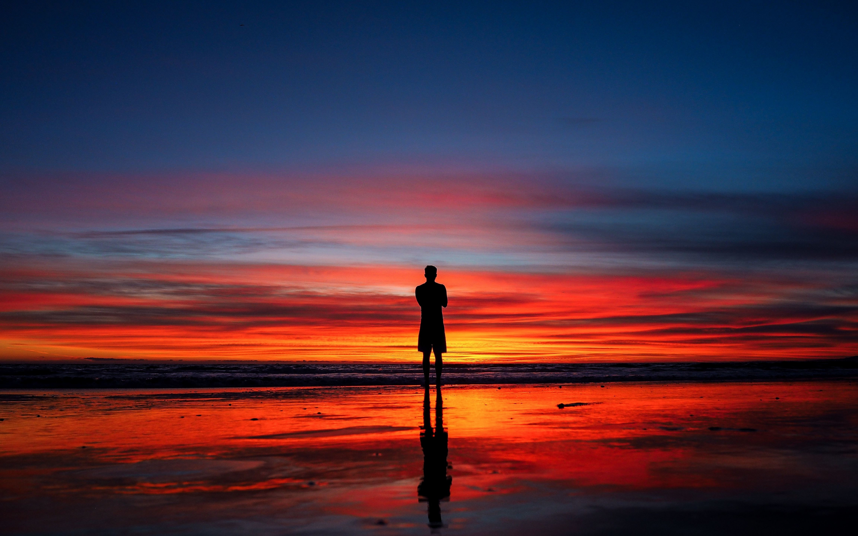 Calm, peace, silhouette, reflections, man and sunset, 2880x1800 wallpaper