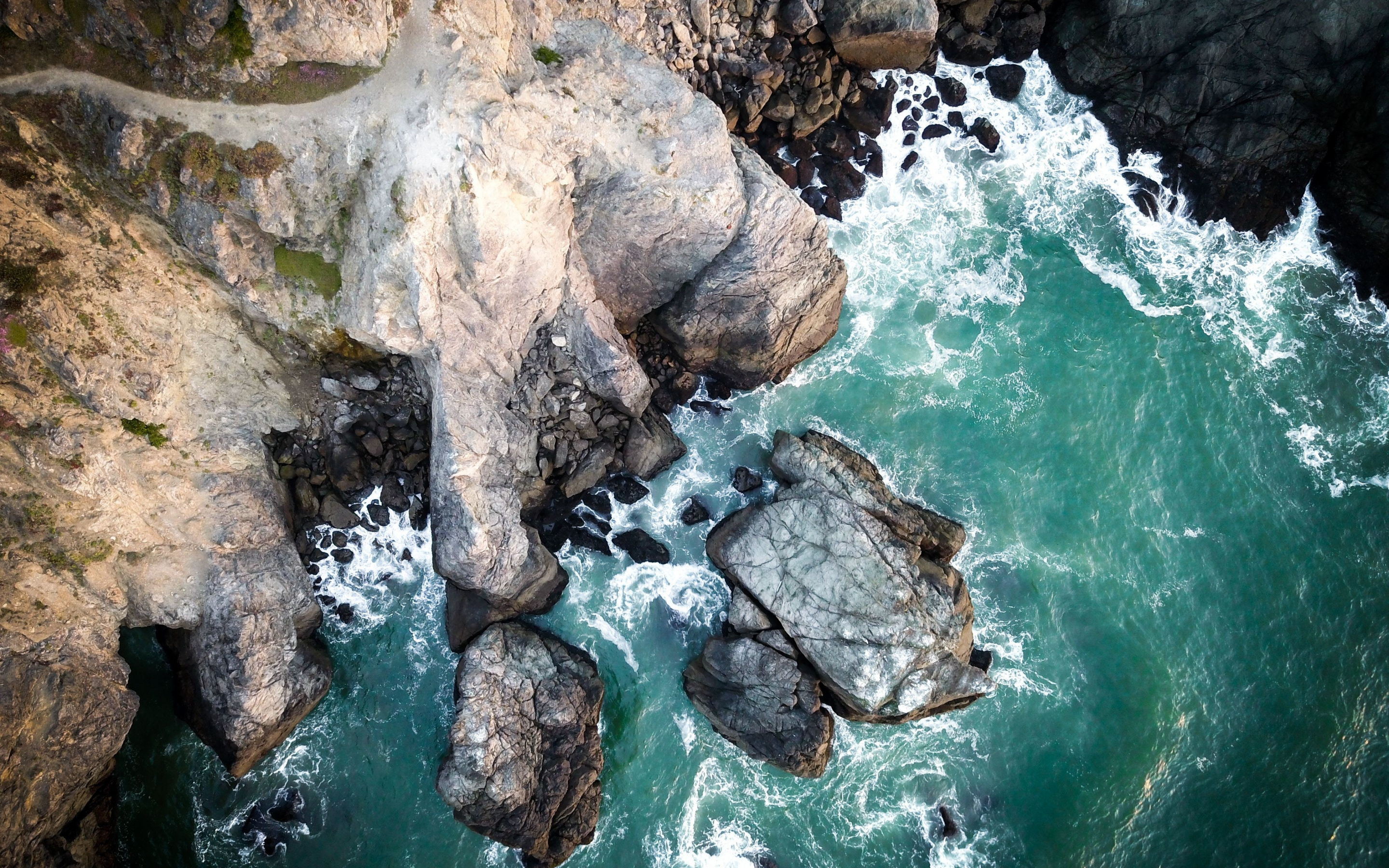 Rocks, aerial shot, sea waves, coast, 2880x1800 wallpaper