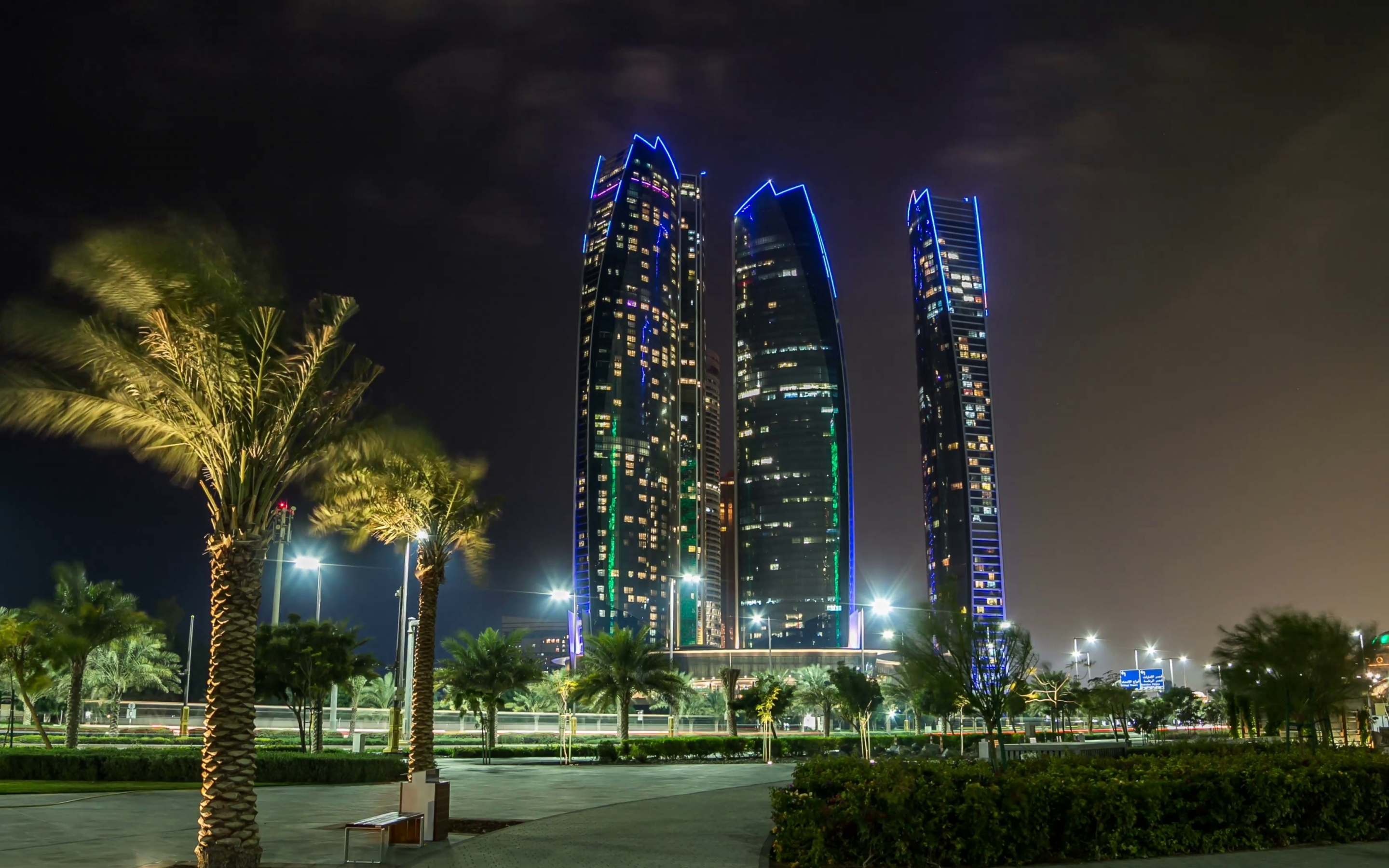 Night of city, Etihad Towers, Abu Dhabi, city, 2880x1800 wallpaper