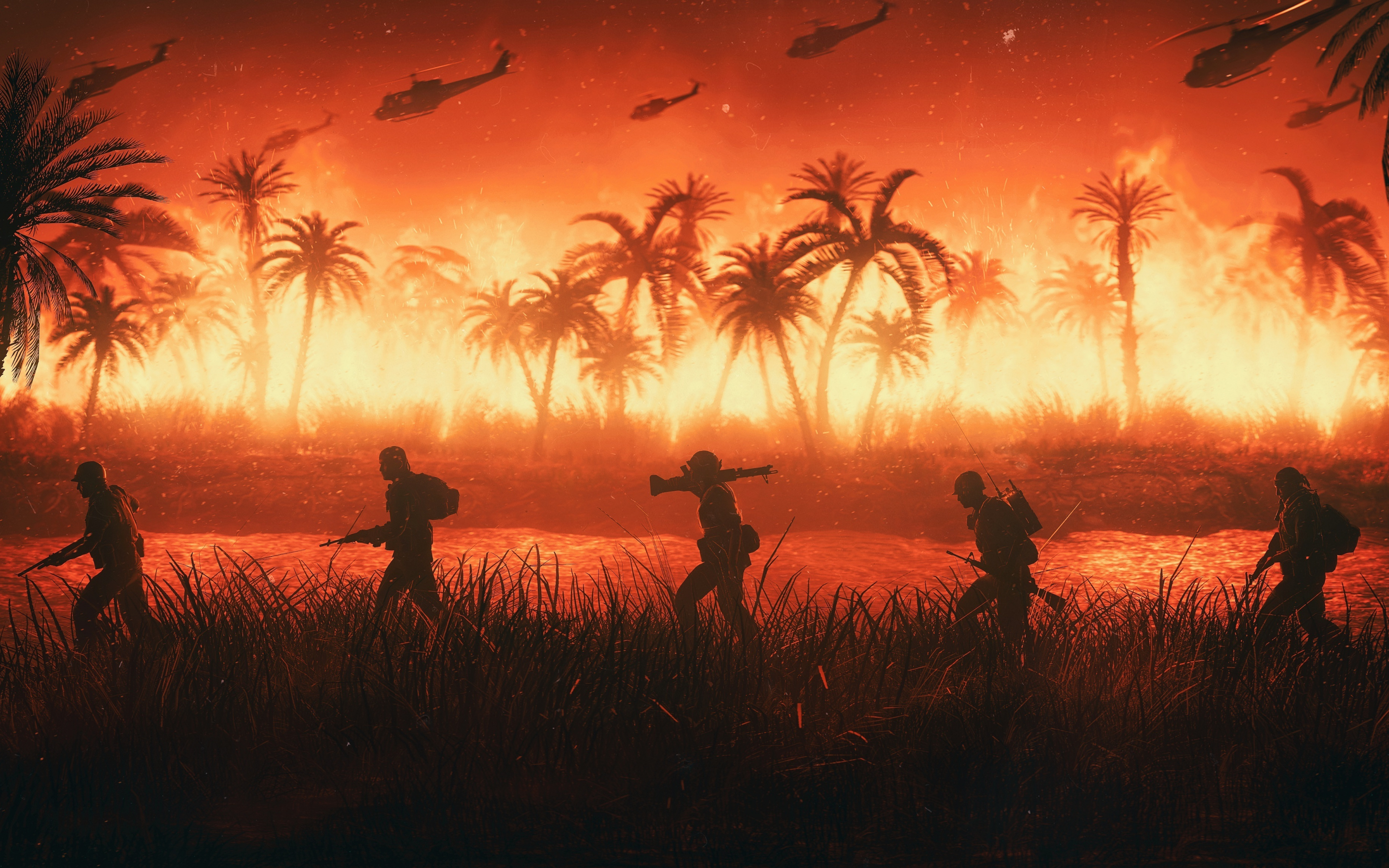 Vietnam, soldiers, night, battle, landscape, pal trees, fire, art, 2880x1800 wallpaper