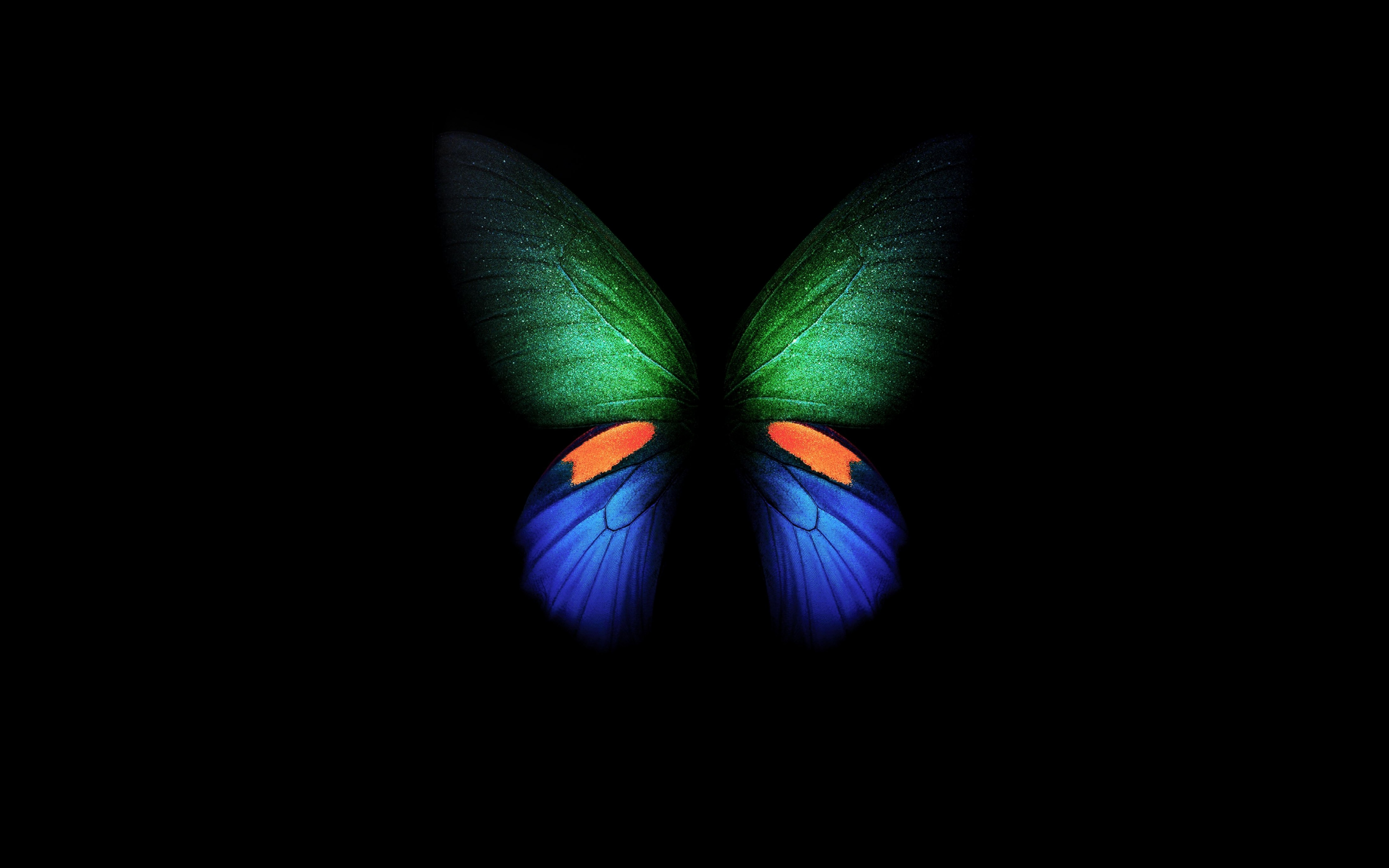 Samsung Galaxy Fold, green-blue butterfly, minimal, art, 2880x1800 wallpaper