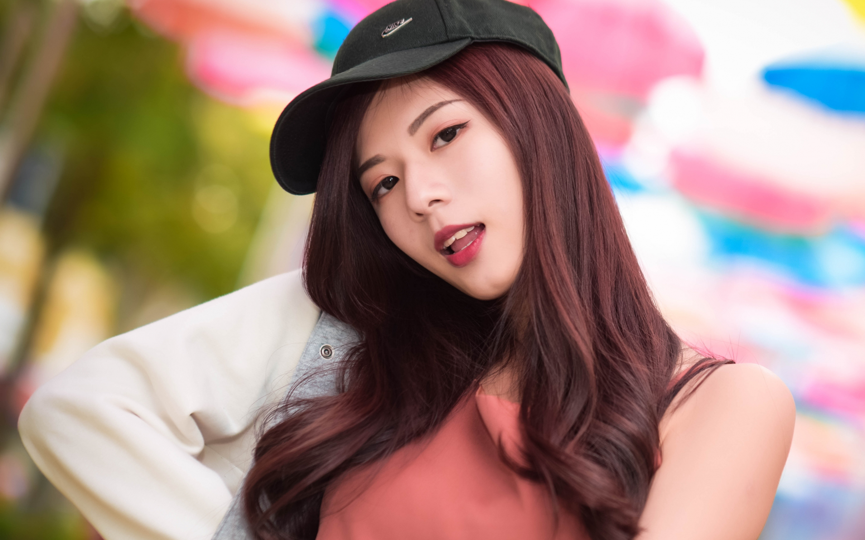 Beautiful, baseball cap, Asian woman, 2880x1800 wallpaper