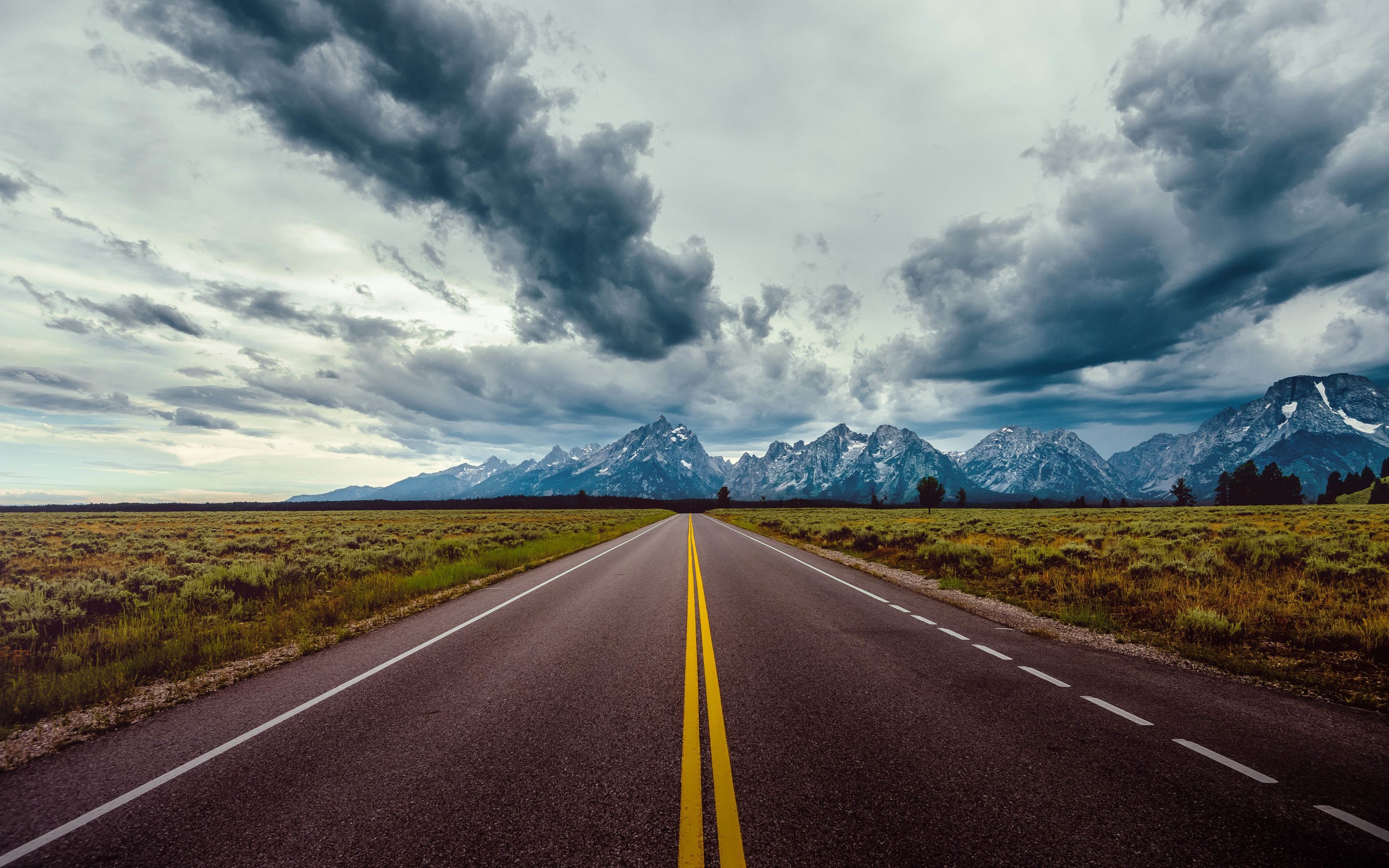 Marks, highway, road, landscape, mountains, clouds, nature, 2880x1800 wallpaper