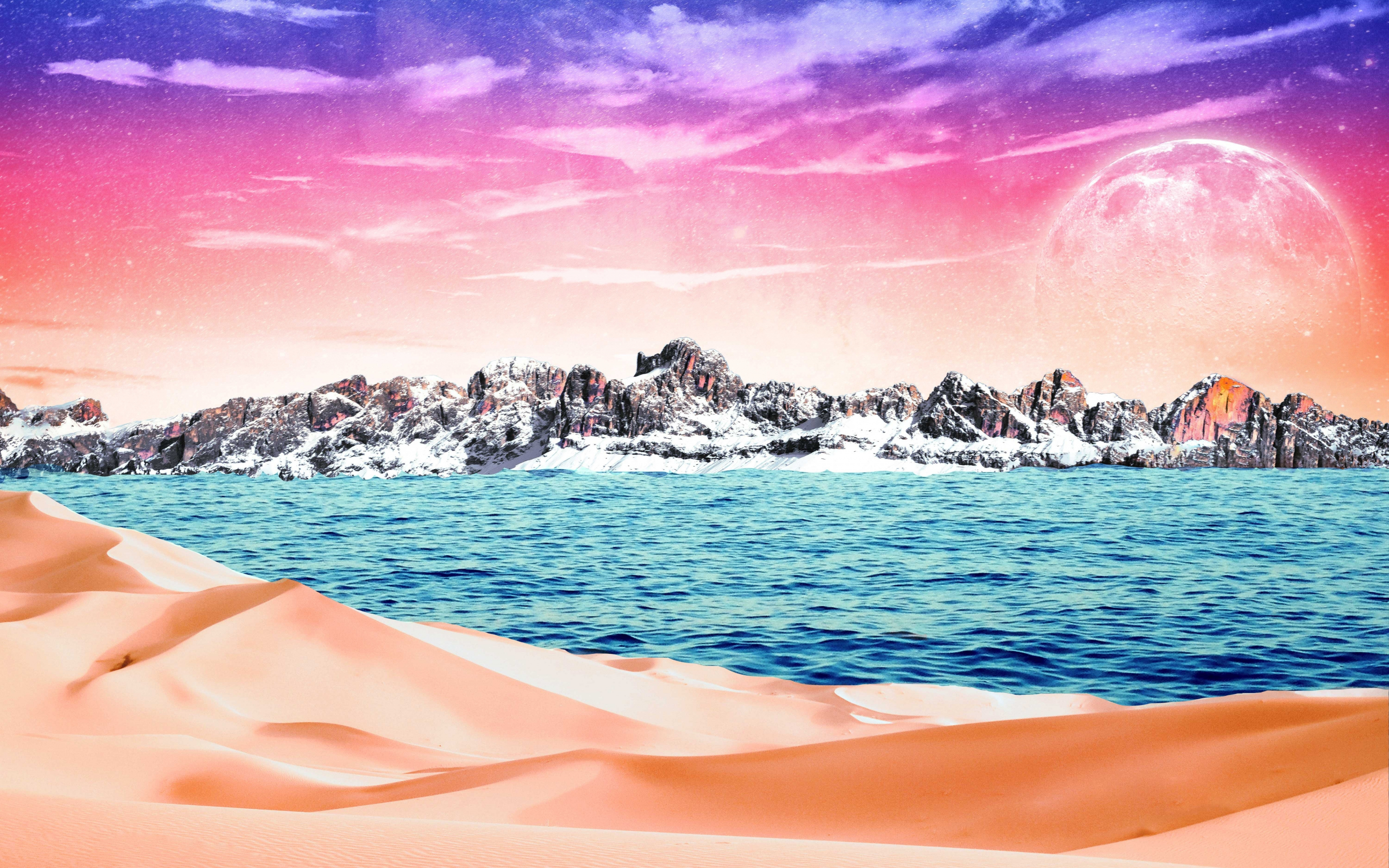 Mountains, desert, sea, digital art, photoshop, 2880x1800 wallpaper