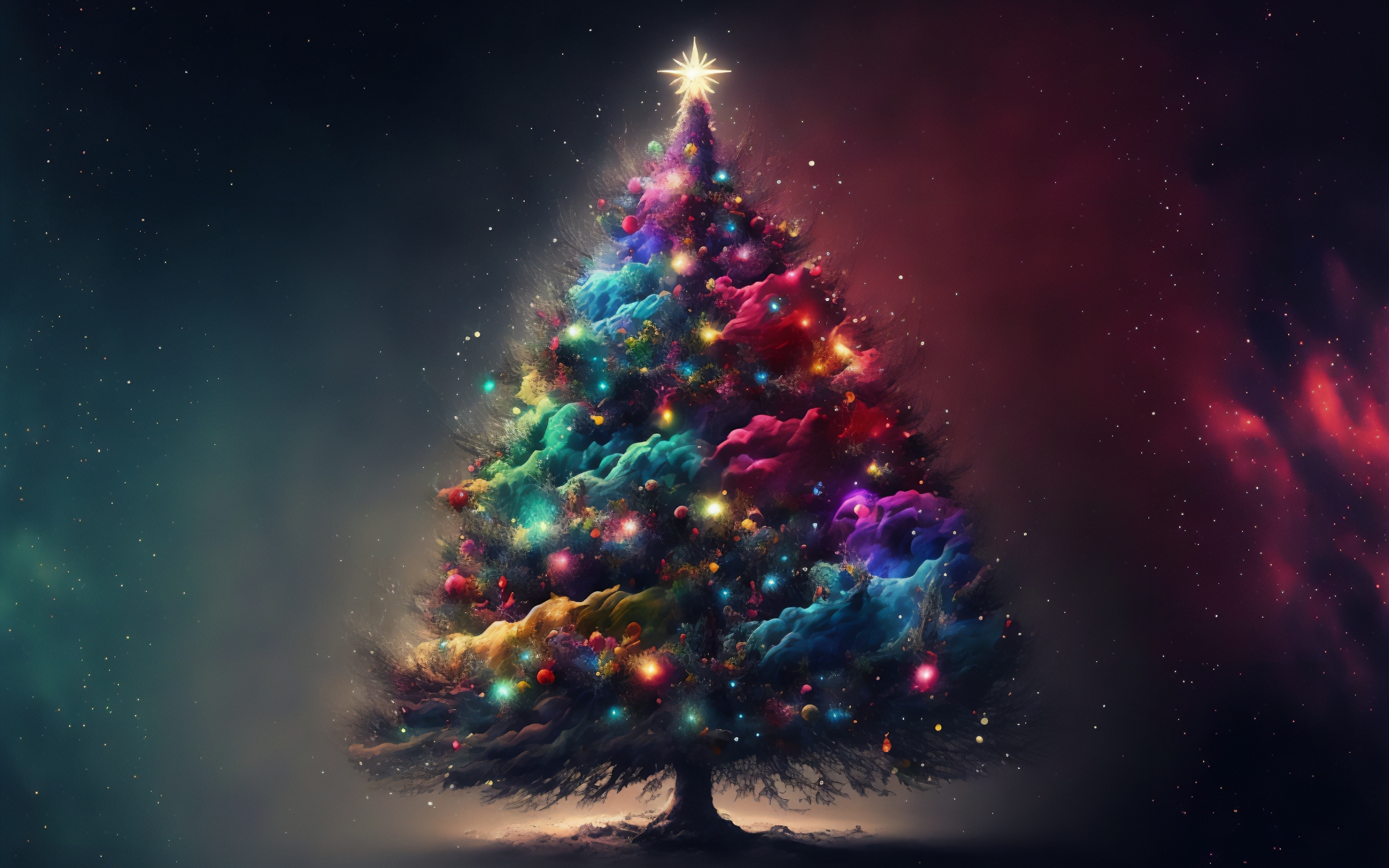 Colorful and decorated Christmas tree, artwork, 2880x1800 wallpaper