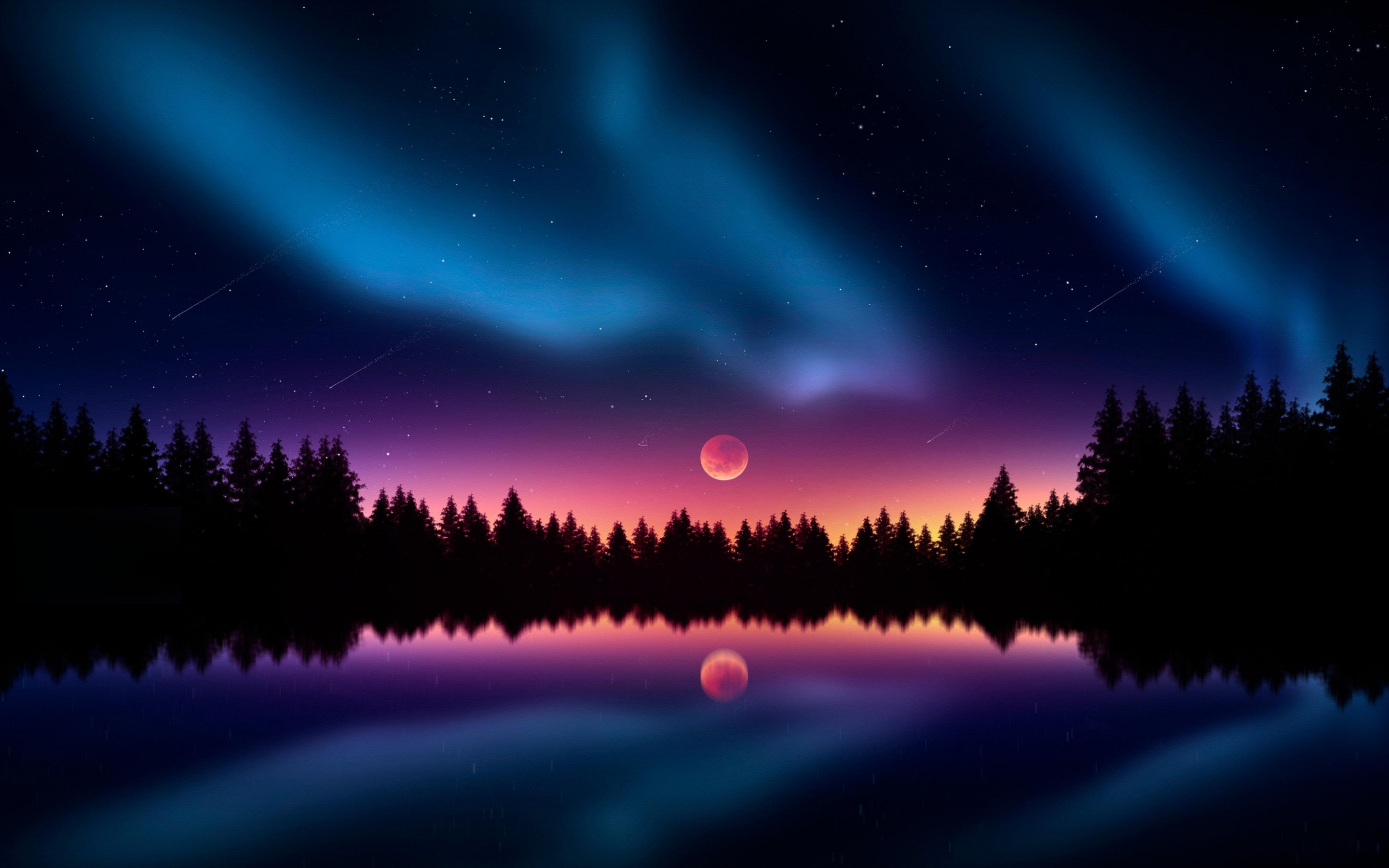 Colorful, night, stars, silhouette, lake, reflections, 2880x1800 wallpaper