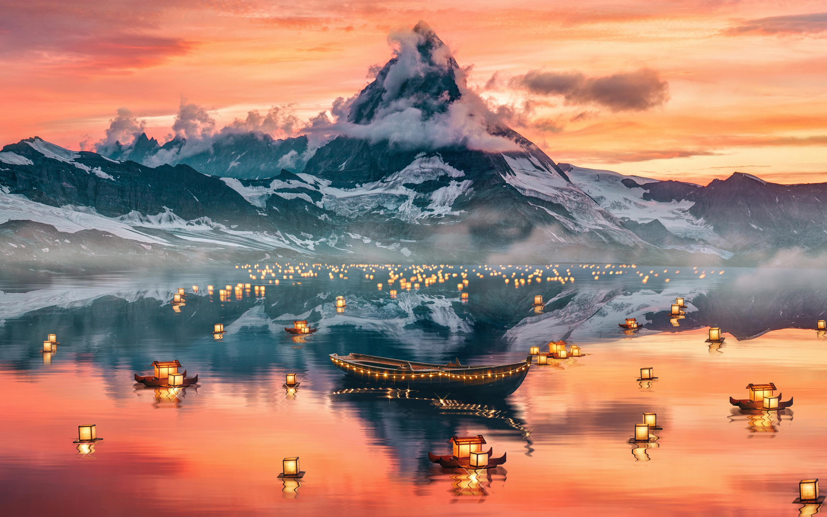 Lanterns, mountain, lake, the lights, festival, 2880x1800 wallpaper