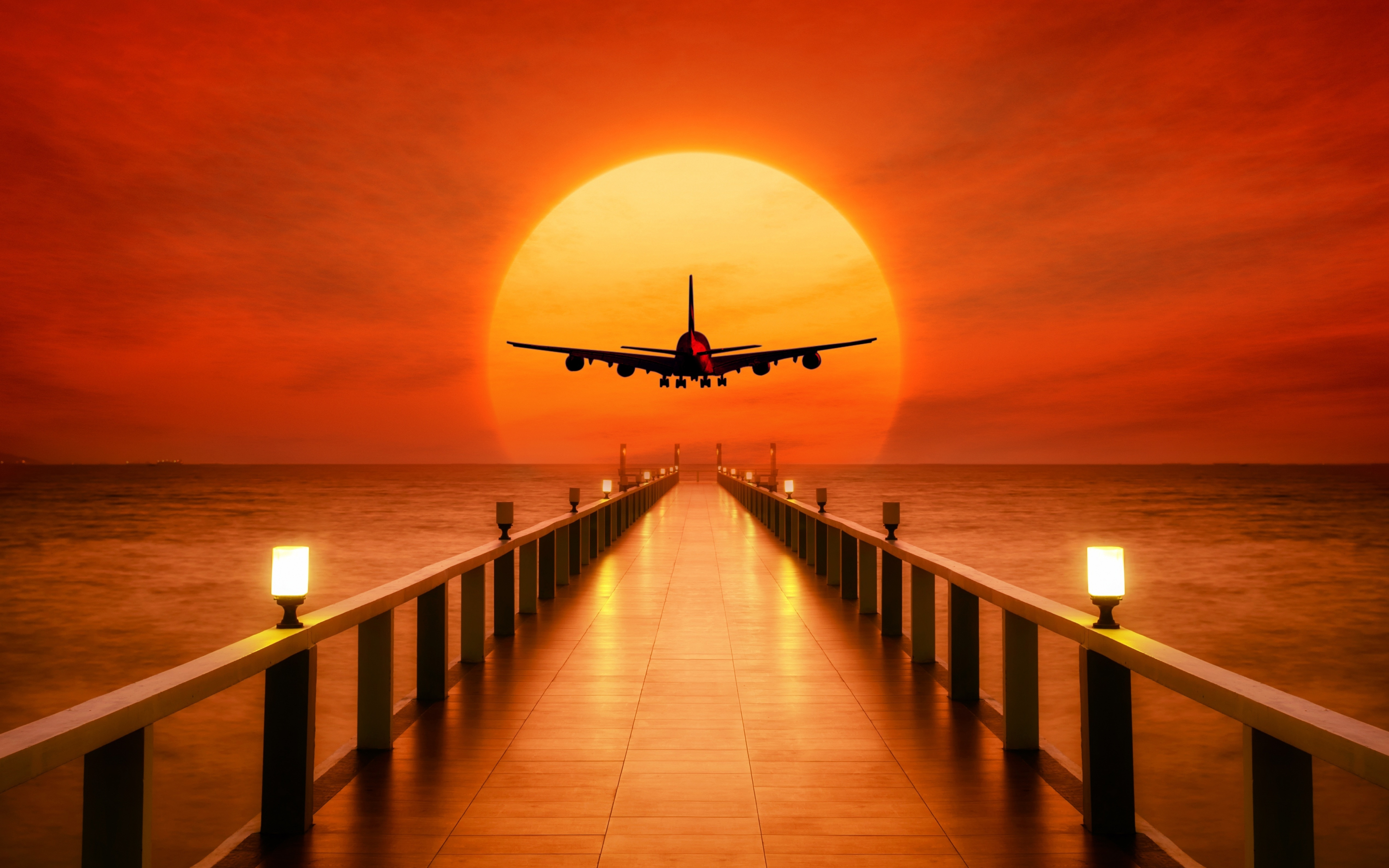 Airplane, photoshop, pier, sunset, 2880x1800 wallpaper