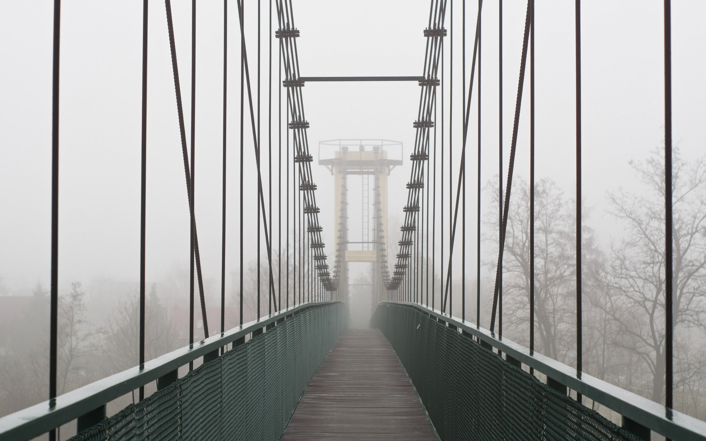 Suspension bridge, bridge, winter, foggy day, 2880x1800 wallpaper